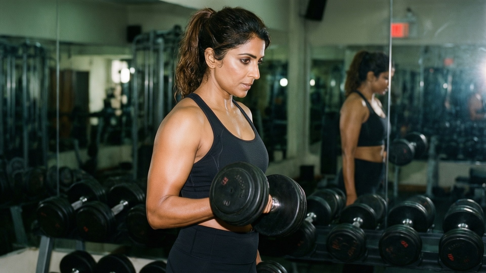 Strength Training 壁紙 — 一個專注的黑髮馬尾辮女性在健身房中舉起黑色啞鈴，健身房有鏡面牆壁和重量架。