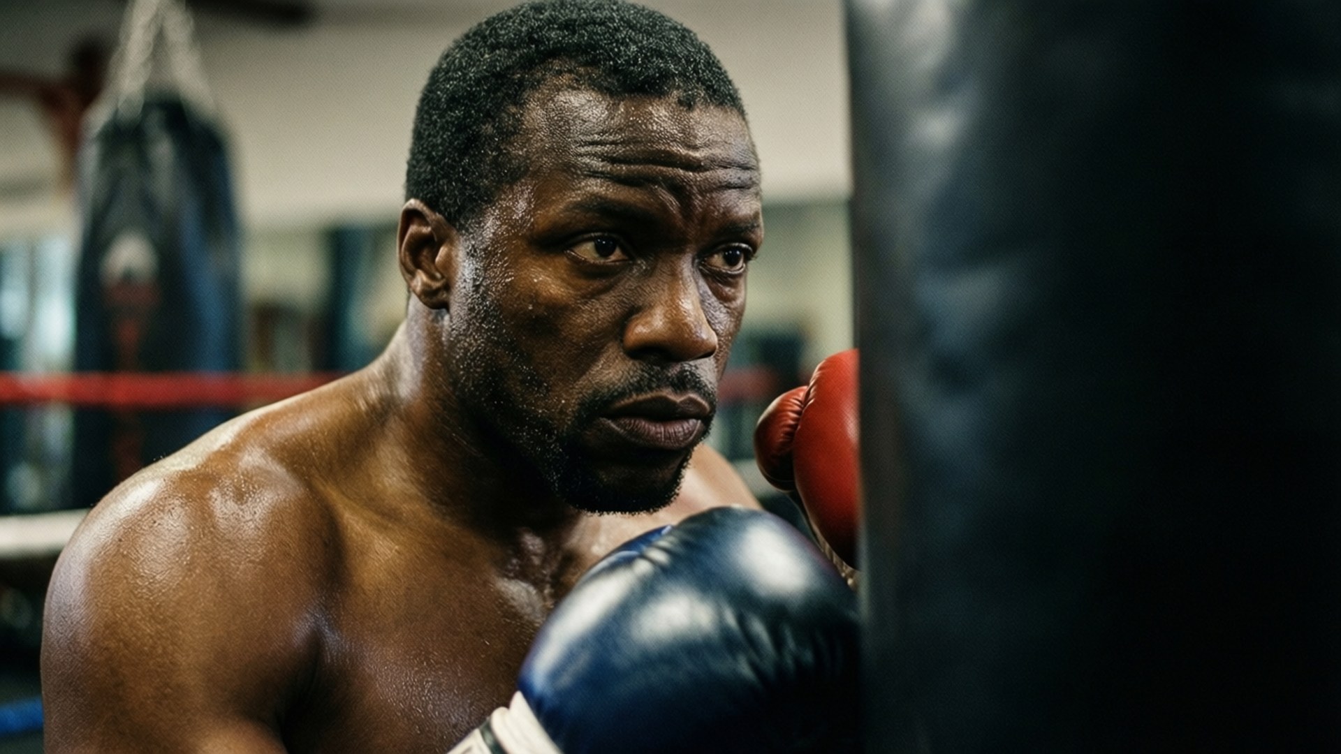 Boxer Mackie Gym 壁紙 — 一個專注的肌肉發達拳擊手在健身房裡，戴著紅色和藍色手套，準備出擊，凝視著一個重型沙包。