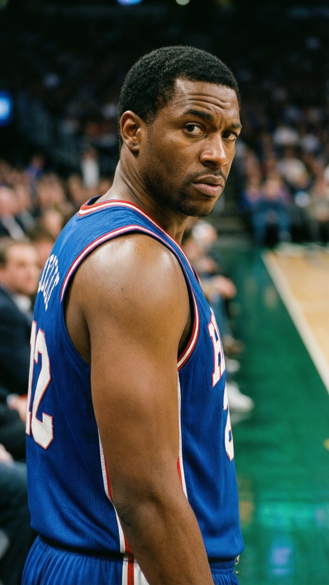 Sixers Gaze Back 壁紙 — 一個專注的籃球運動員身穿藍色12號球衣站在球場上，回頭看。