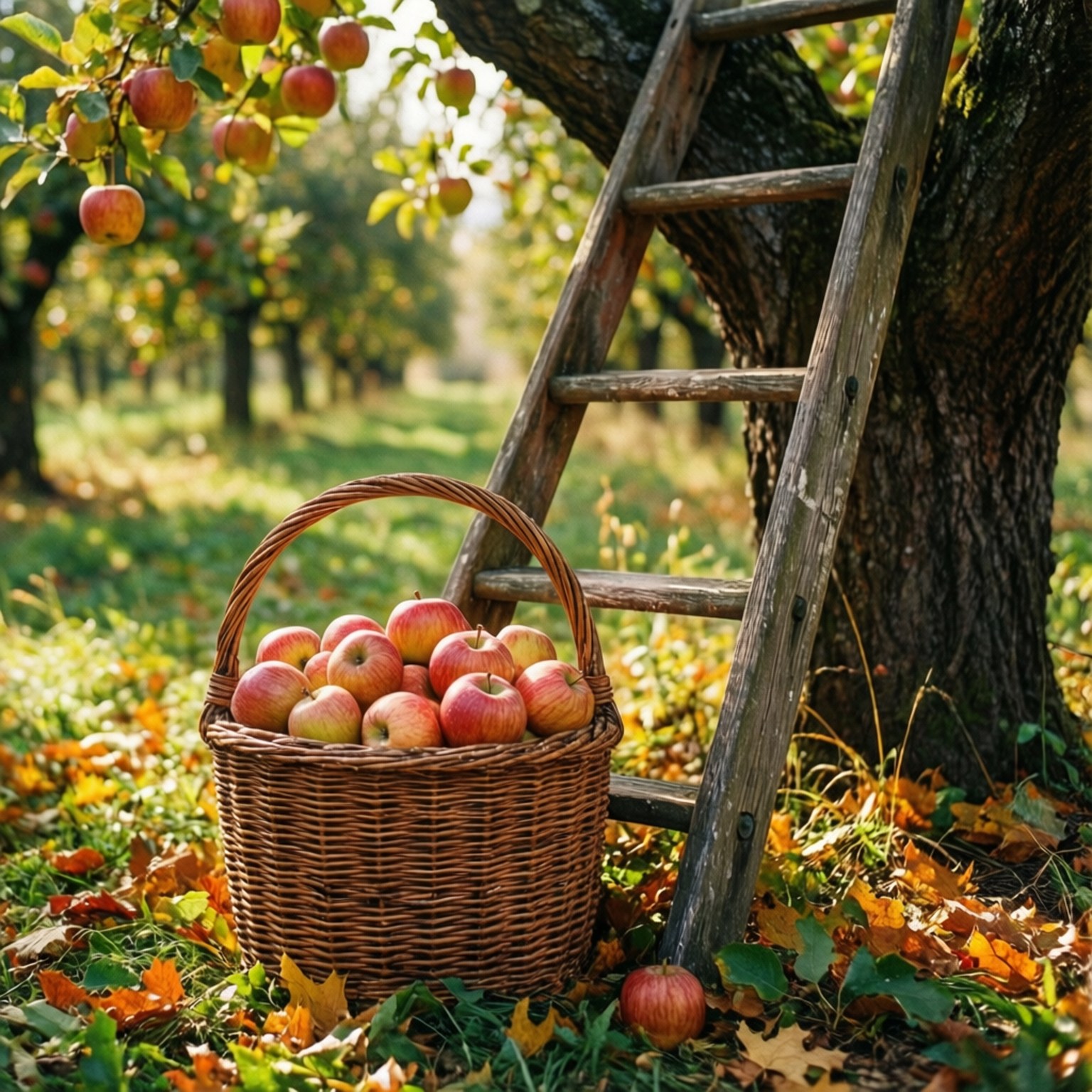 Apple Orchard Basket 壁紙 — 一個裝滿紅蘋果的柳條籃子放在一棵樹下的木梯旁邊，位於陽光明媚的秋季果園中。