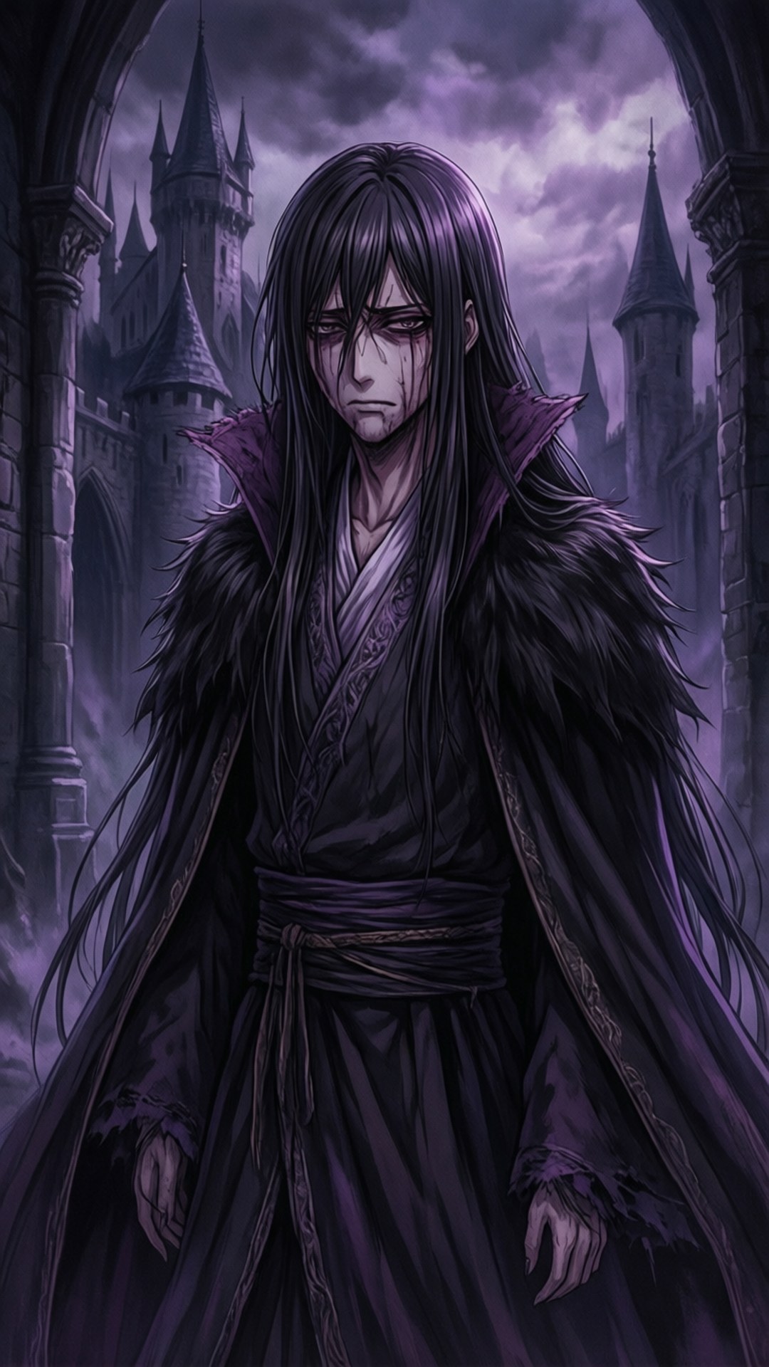Cursed Zeref 壁紙 — 一個莊嚴的黑髮人物，身穿紫色毛皮襯裏長袍，站在哥德式城堡前，背景是風暴暮色天空。