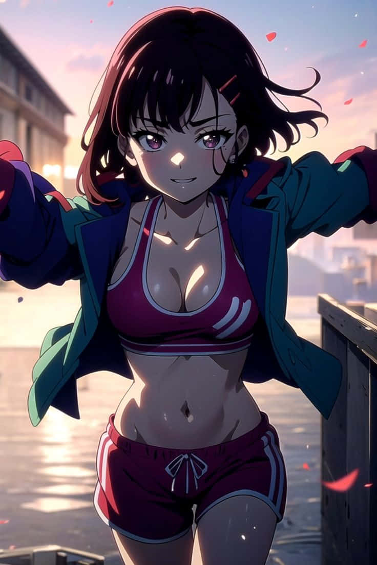  壁紙 — 一個自信的動漫女孩，穿著紅色運動服和敞開的外套，站在陽光明媚的城市街道上，周圍有花瓣飄浮。
