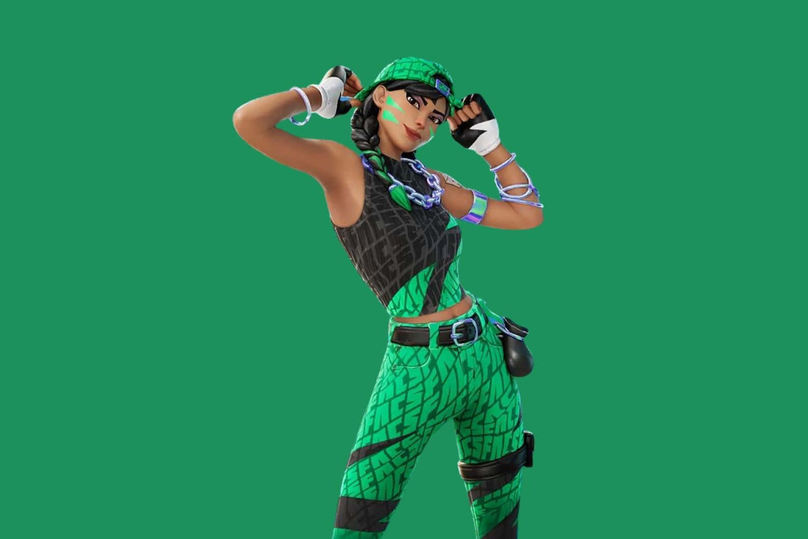  壁紙 — 一個自信的Fortnite角色穿著綠色和黑色圖案的服裝，在純綠色背景前擺出動感姿勢。