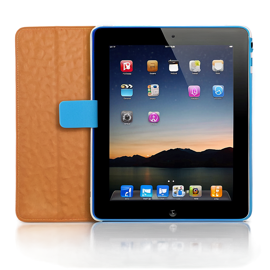 棕色保護套中的iPad，顯示山脈日落和應用程式圖標 — iPad 壁紙