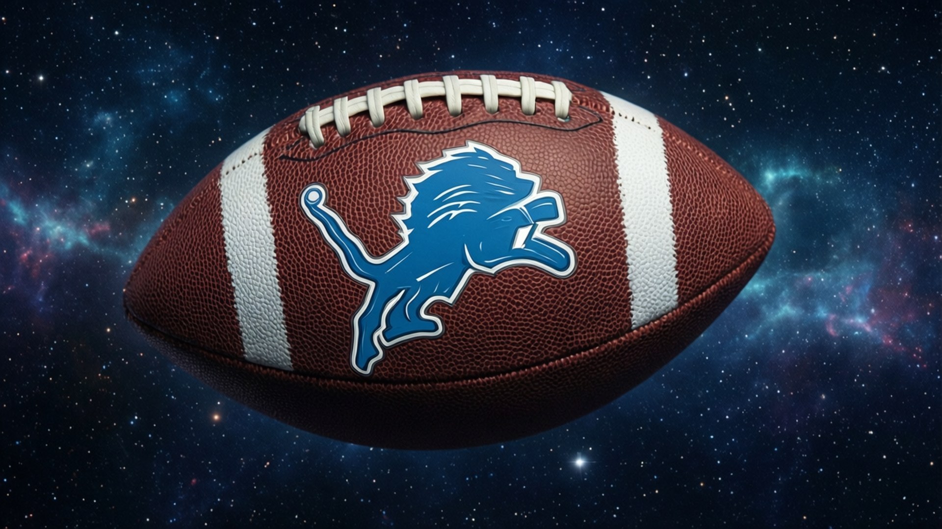 Football in Space 壁紙 — 一個棕色皮革足球，帶有藍色跳躍獅子標誌，漂浮在充滿活力的宇宙星雲背景上。