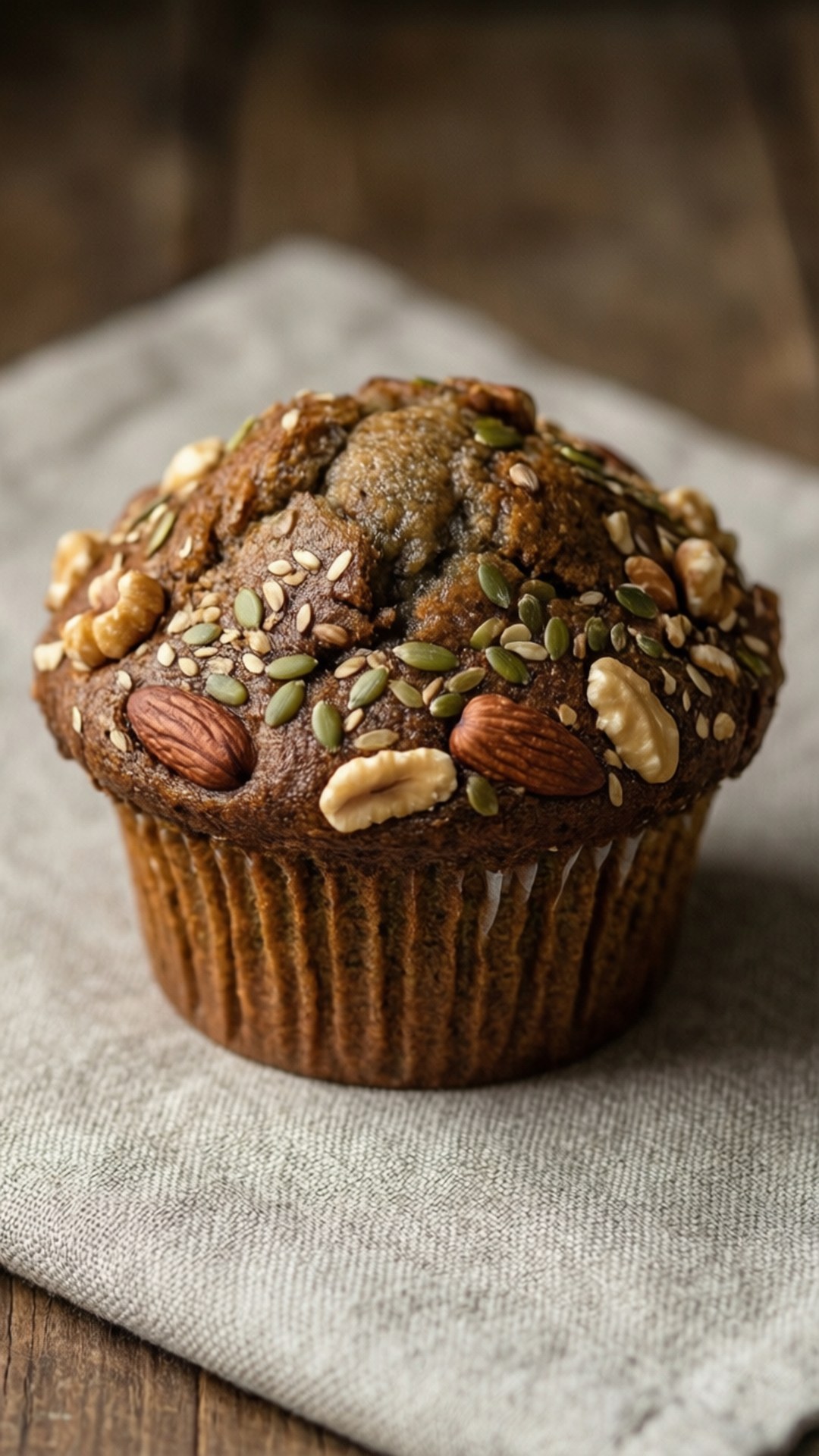 Nutty Seed Muffin 壁紙 — 一個單一的棕色鬆餅，上面放有杏仁、南瓜籽和葵花籽，放在木質表面上的亞麻布上。