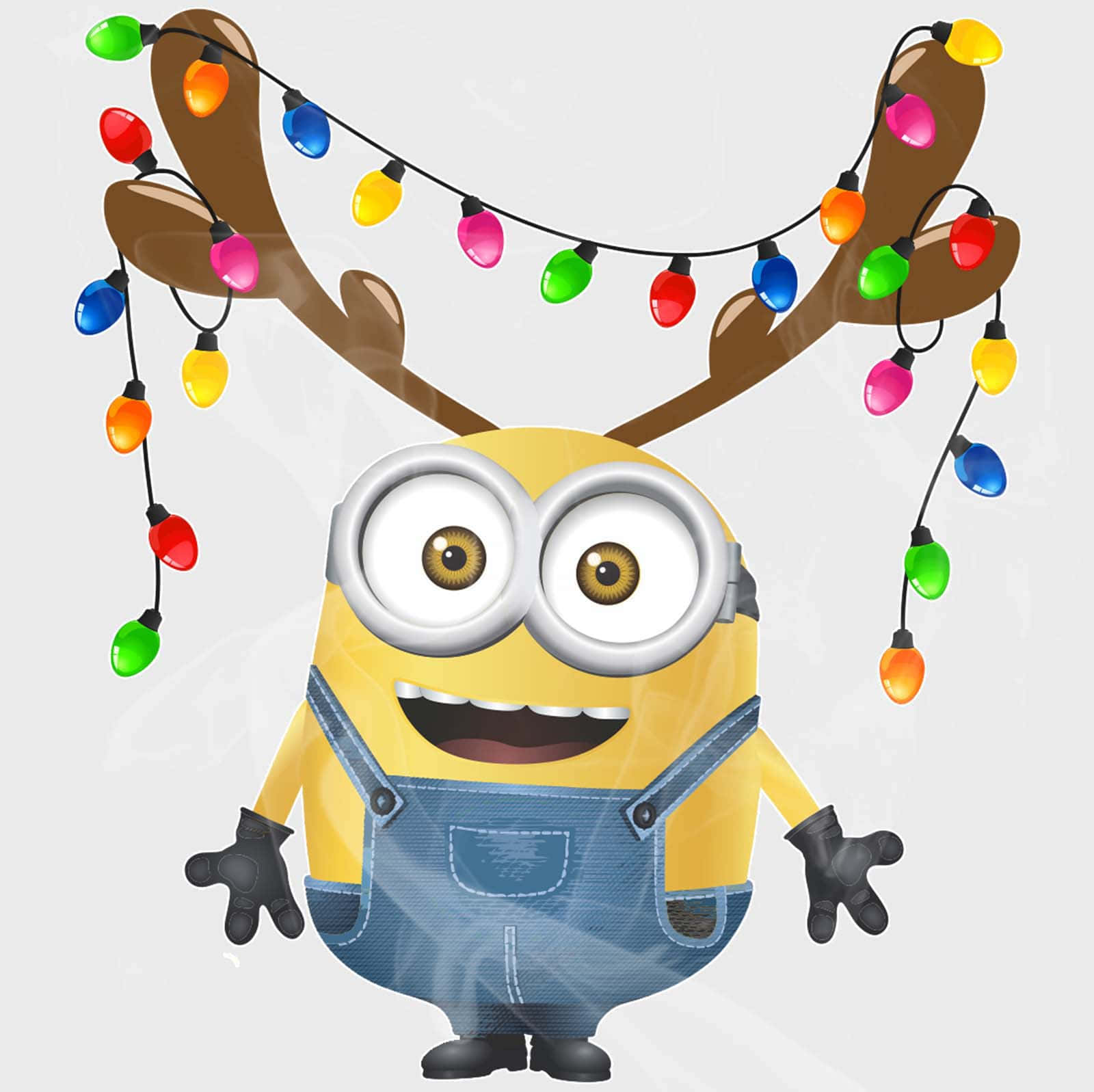  壁紙 — 一個快樂的黃色Minion戴著纏繞著彩色聖誕燈飾的馴鹿角，背景簡潔。