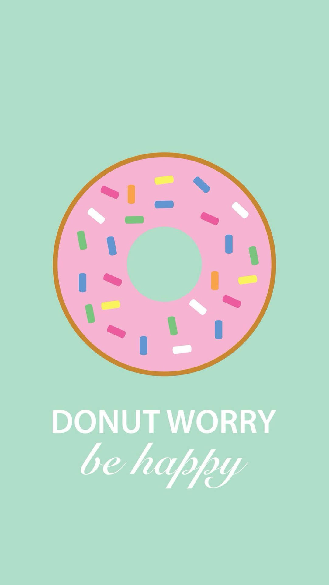 粉紅甜甜圈配上彩色糖針和文字 donut worry be happy。 — iPad 壁紙