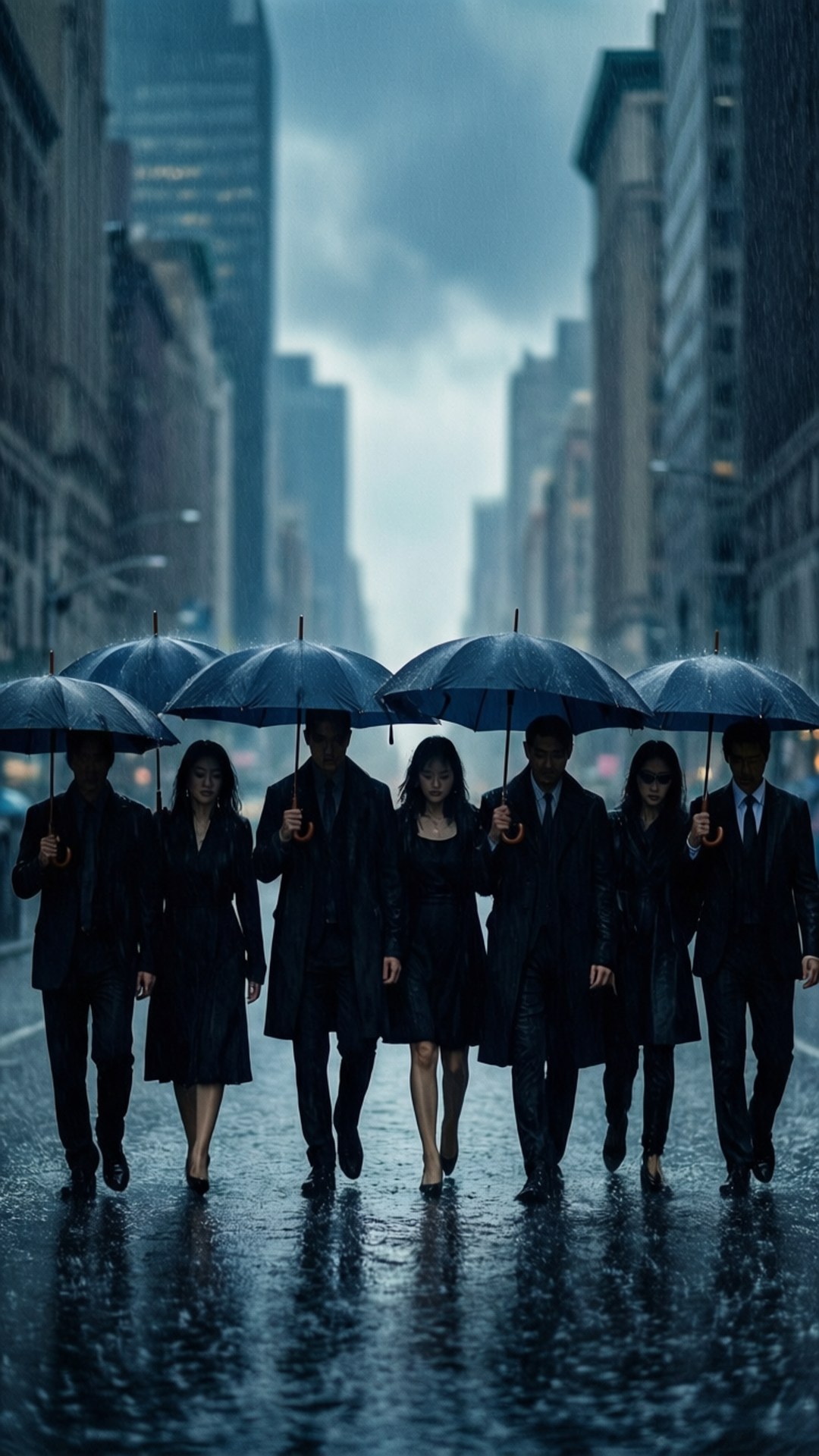 Rainy Walk 壁紙 — 一行穿著正式服裝的人手持黑色雨傘，在陰沉天空下，沿著兩旁高聳摩天大樓的濕滑城市街道行走。