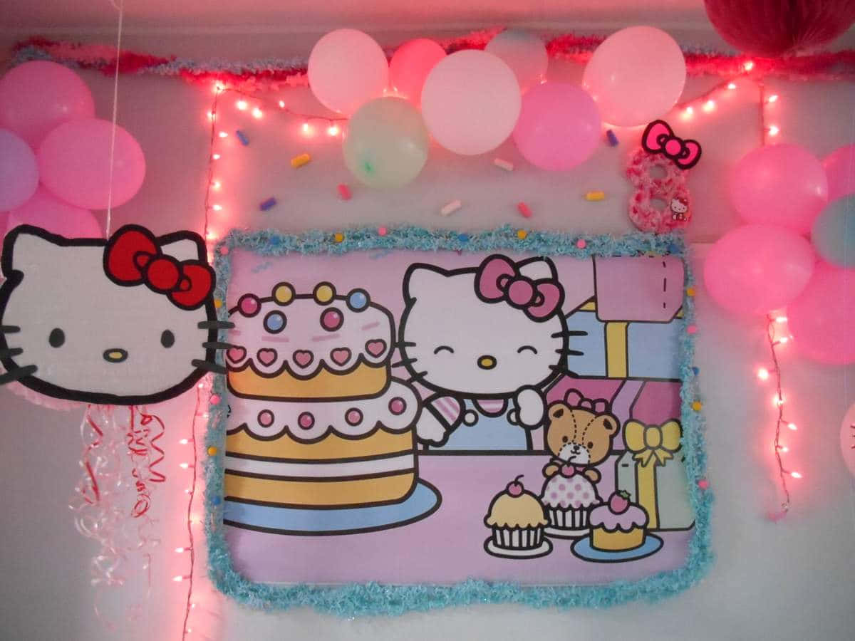 Hello Kitty生日派對牆，配有氣球、燈光和蛋糕海報。 — Hello Kitty 壁紙