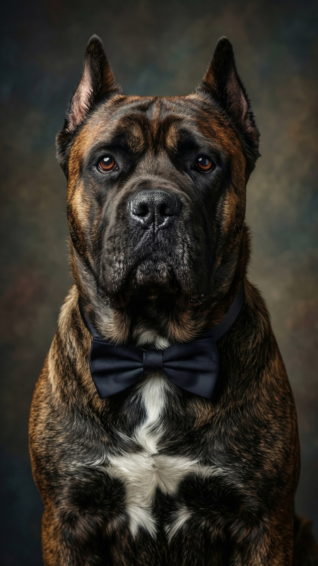 Elegant Cane Corso With Bow Tie 壁紙 — 一隻帶有白色胸部的虎斑獒犬，在深色紋理工作室背景前戴著黑色領結。