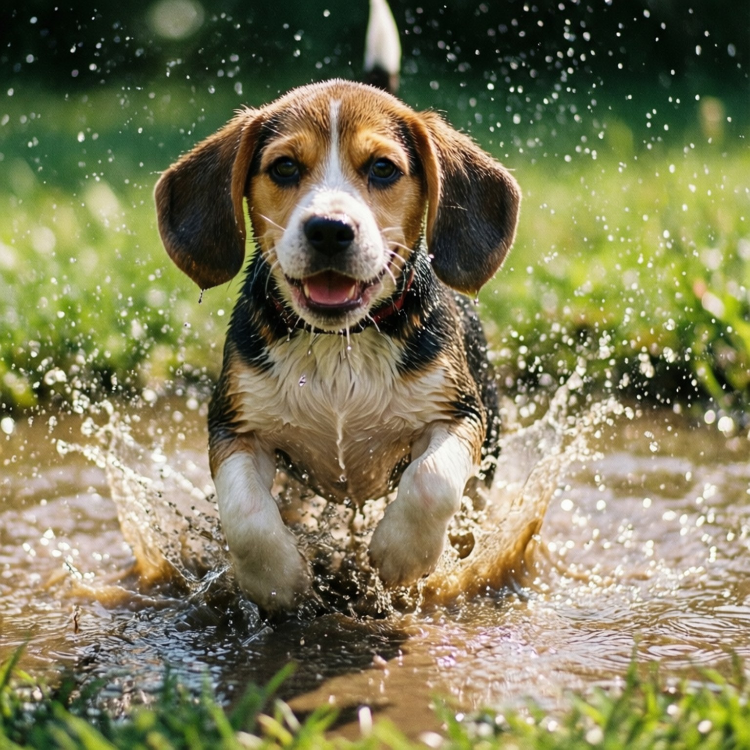 Splashy Beagle Puppy 壁紙 — 一隻快樂的米格魯幼犬跳過泥濘的水坑，在明亮的陽光下濺起水花。