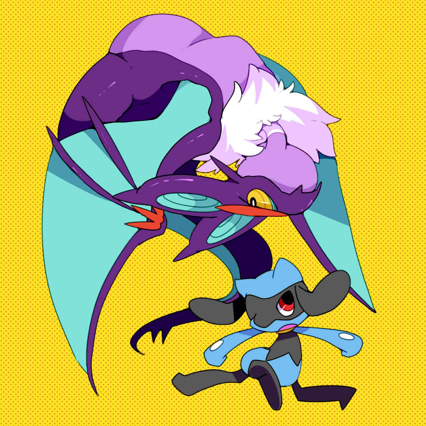 Noivern 桌布 壁紙 — 一隻紫色龍系寶可夢，擁有青綠色翅膀和白色鬃毛，在點點黃色背景前，聳立在一隻較小的藍灰色寶可夢之上。