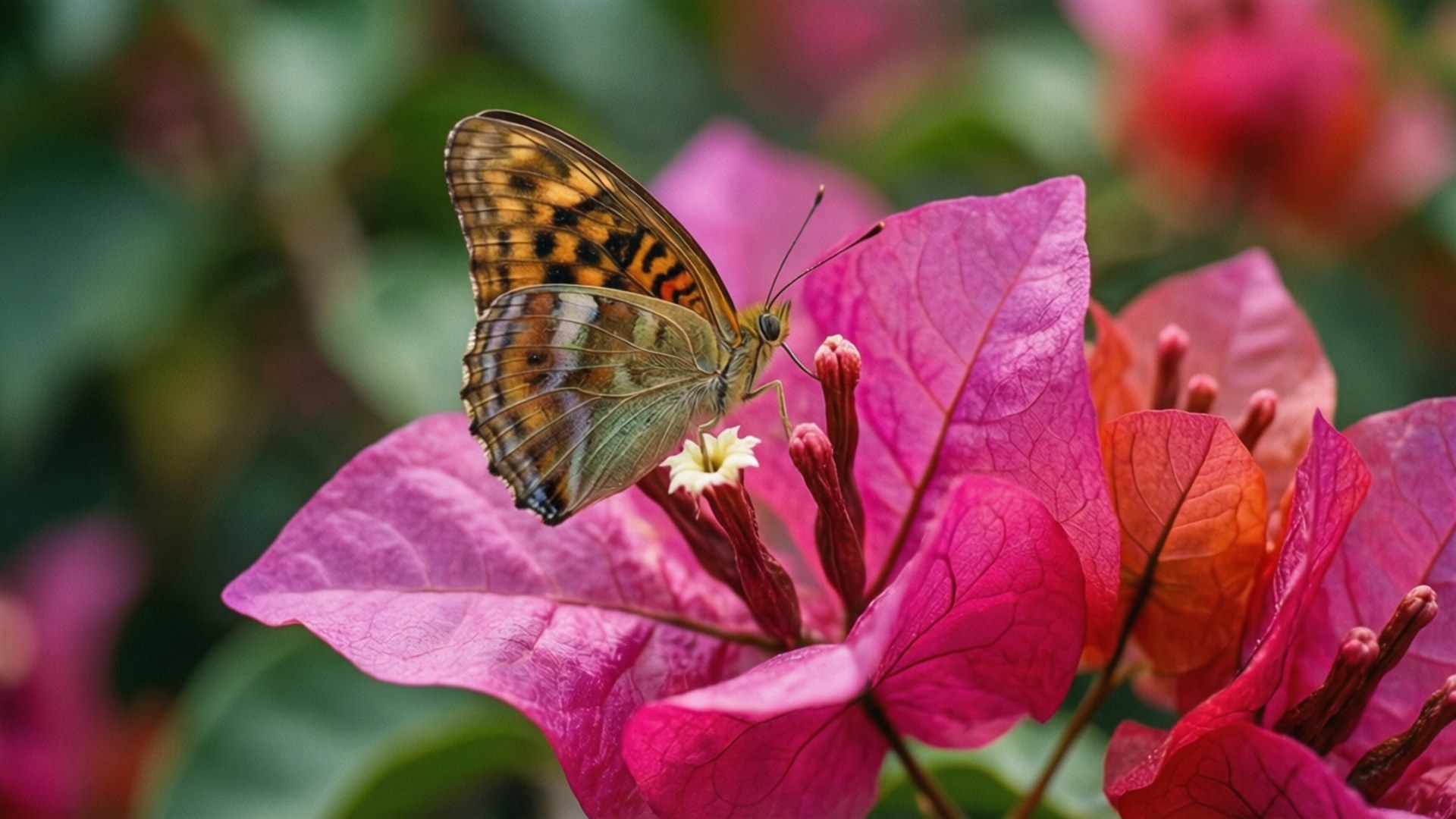 Butterfly on Bougainvillea 壁紙 — 一隻棕色、橙色和黑色的蝴蝶優雅地停在一朵鮮豔的粉紅色九重葛上，花朵中心有一朵小白花。