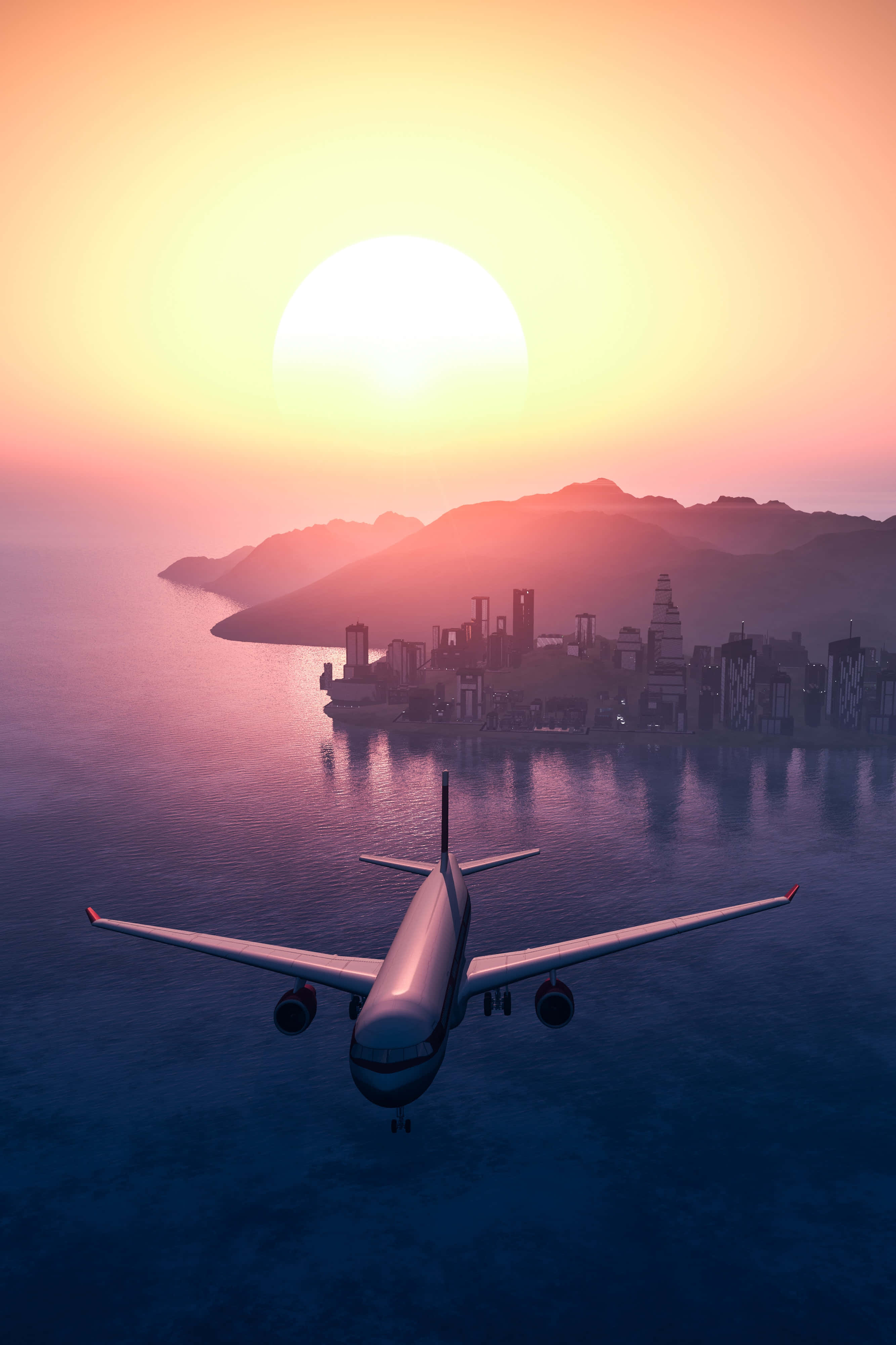 Flight 桌布 壁紙 — 一架飛機在日落時分降臨於沿海城市上空，背景有山脈，天空呈現鮮豔的橙色和紫色。