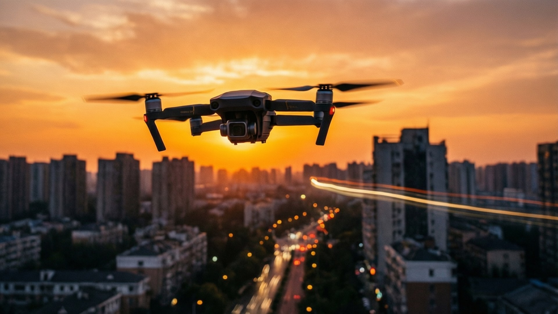 Drone City Sunset 壁紙 — 一架黑色無人機在充滿活力的橙色日落天空下盤旋，下方是城市景觀和模糊的交通燈。