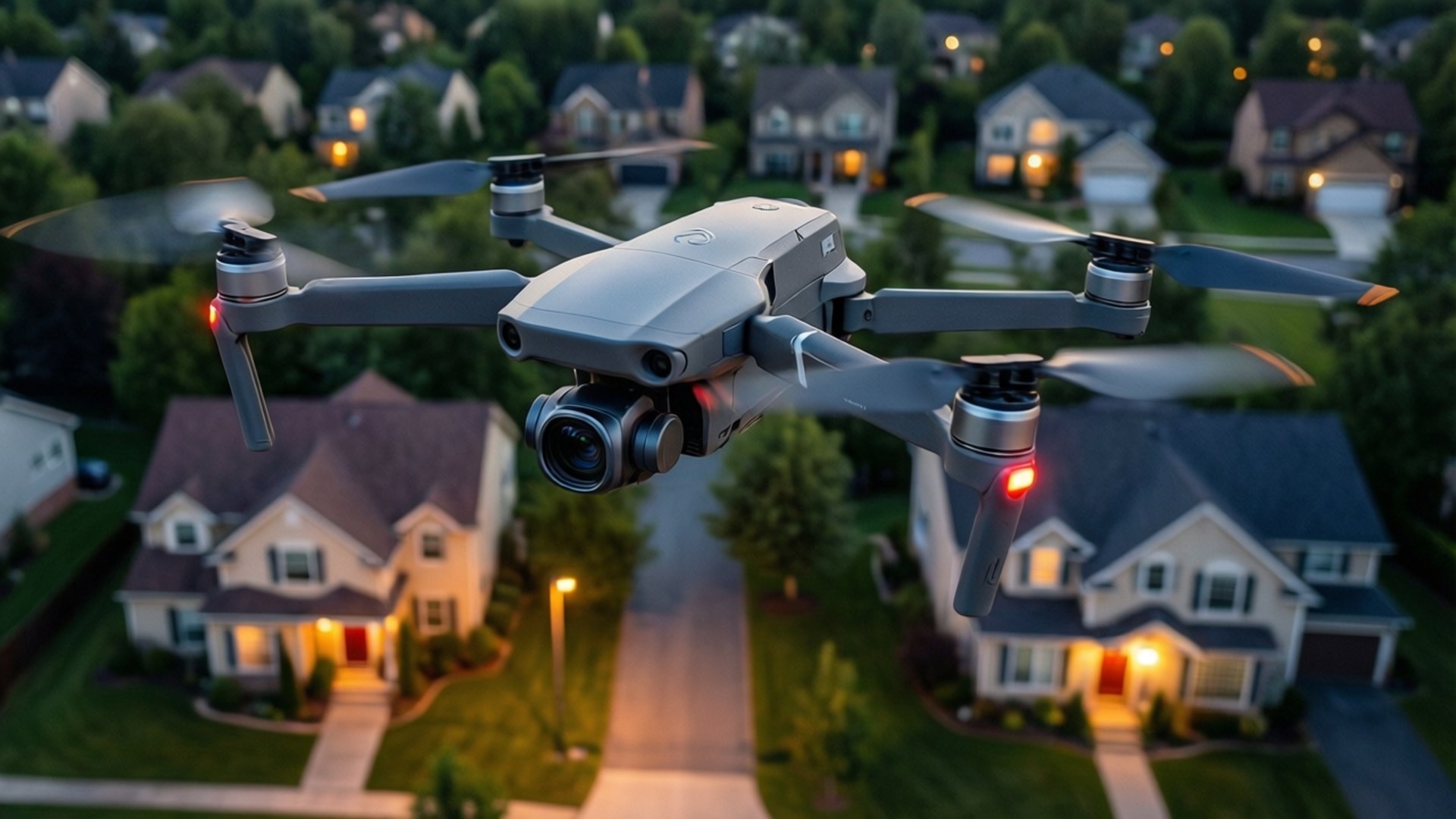Drone Surveillance 壁紙 — 一架灰色無人機旋轉著螺旋槳，在黃昏時分盤旋在一個郊區社區上空，窗戶亮著燈，草坪翠綠。