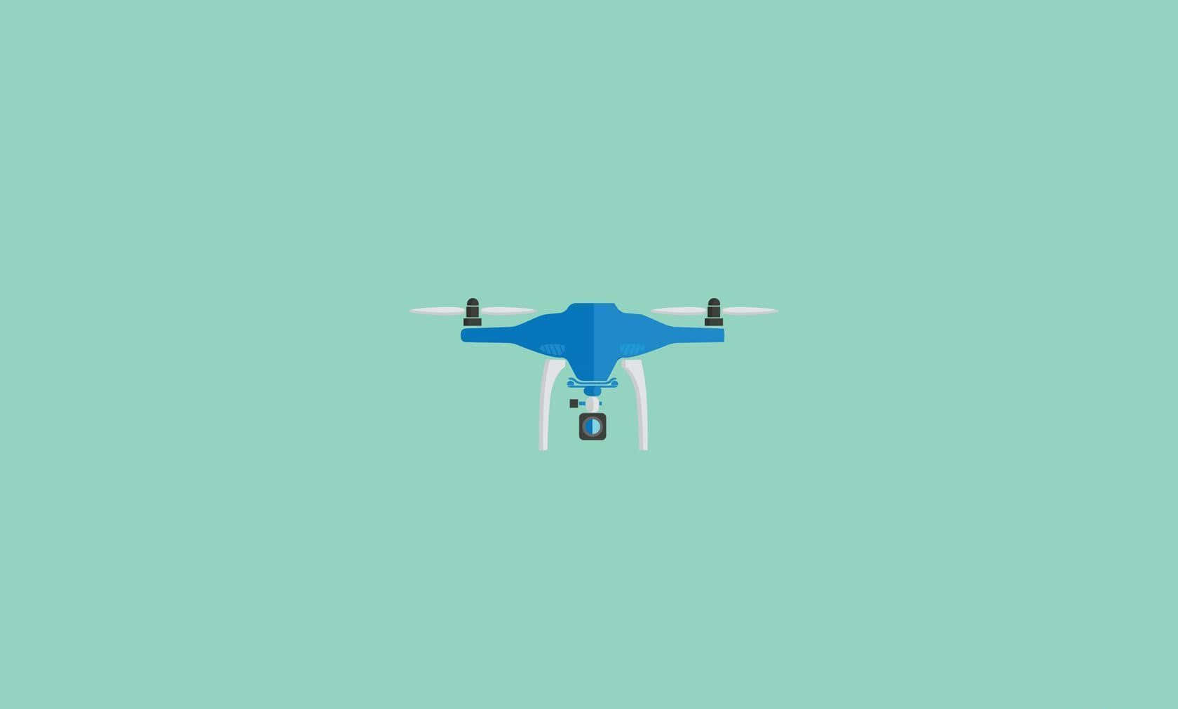 Drone Camera 桌布 壁紙 — 一架極簡風格的藍色無人機，帶有白色機臂和螺旋槳，在純薄荷綠背景上居中懸停。