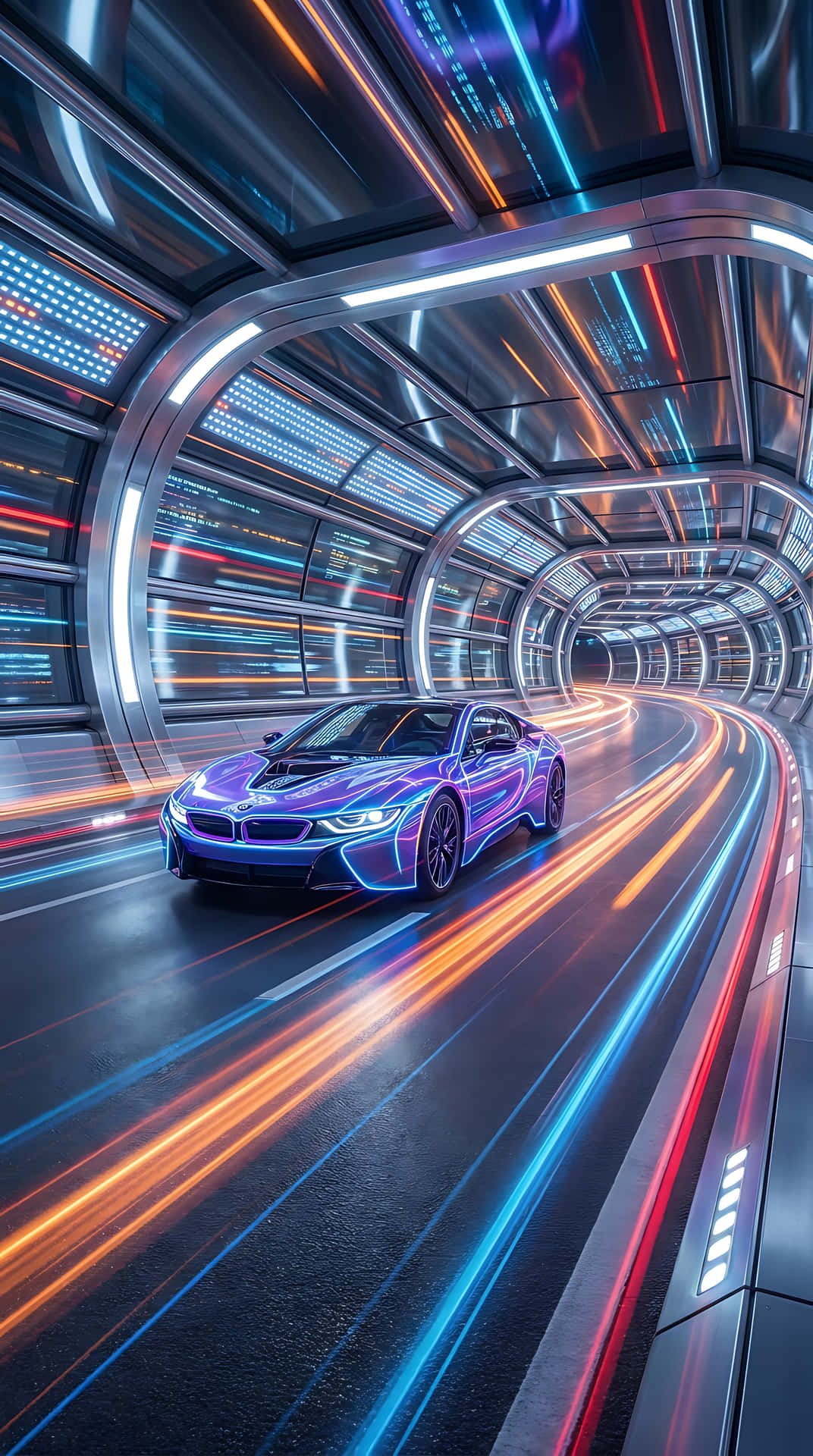 一架紫色BMW i8在霓虹燈照亮未來感隧道中疾馳。