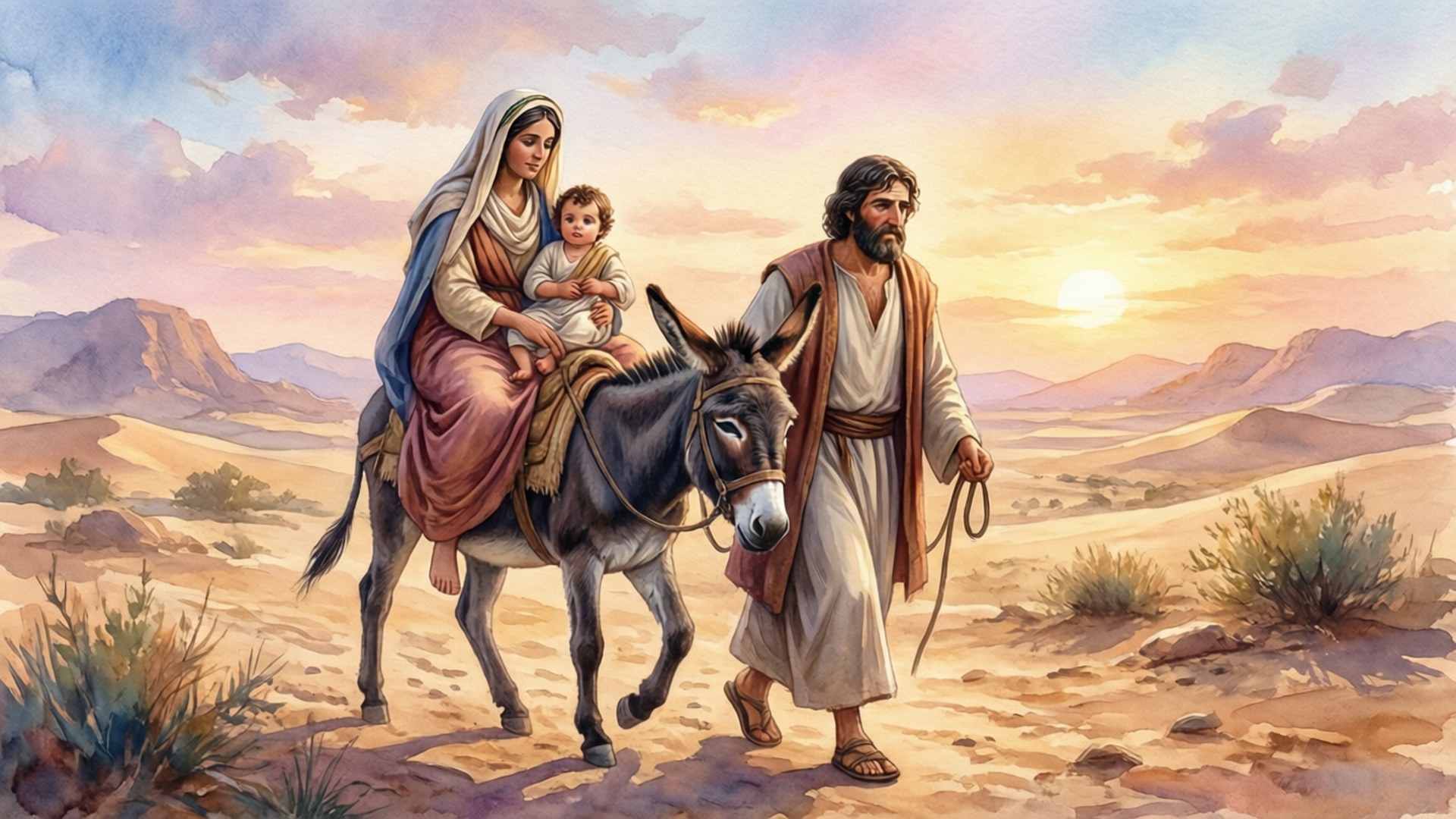 Flight to Egypt Watercolor 壁紙 — 一家人在日落時分穿過沙漠景觀，一名女子騎著驢，一名男子走在他們旁邊。