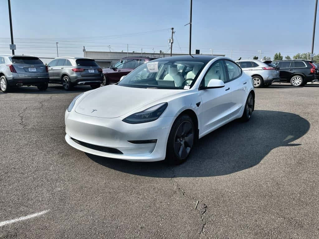 Tesla Model 3 桌布 壁紙 — 一架時尚的白色Tesla Model 3停放在陽光普照的瀝青停車場，背景有其他汽車和電線。