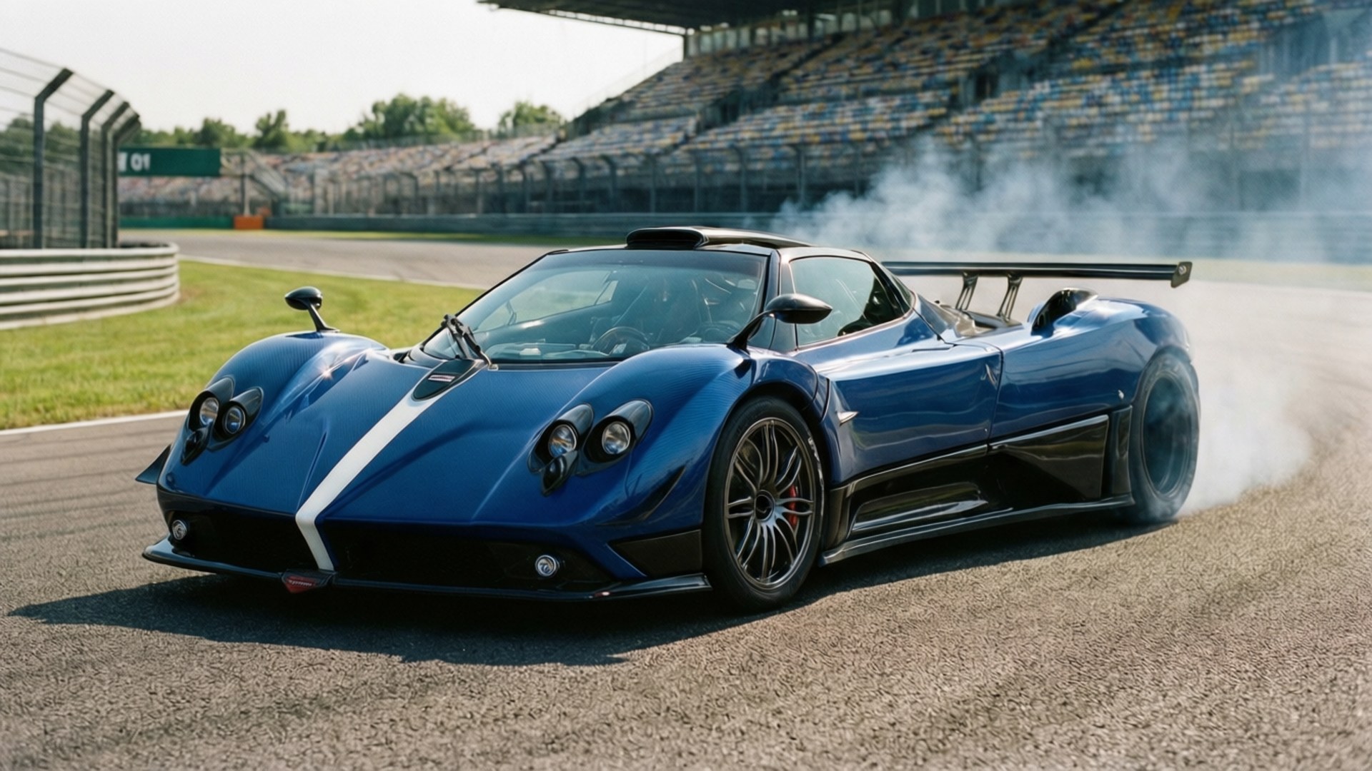 Zonda Revolucion Track 壁紙 — 一架時尚的藍色Pagani Zonda跑車在賽道上飄移，後輪胎冒出煙霧。