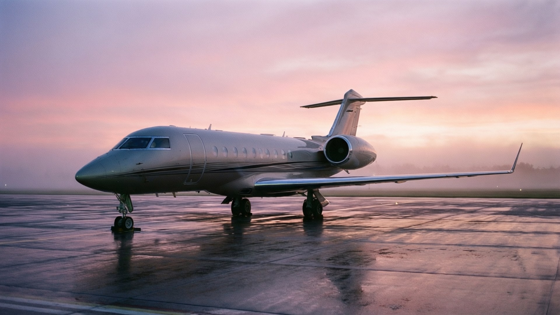 Dawn Private Jet 壁紙 — 一架時尚的銀色私人飛機停在濕滑的停機坪上，柔和的粉紅色和橙色日出色調在它身後描繪天空。