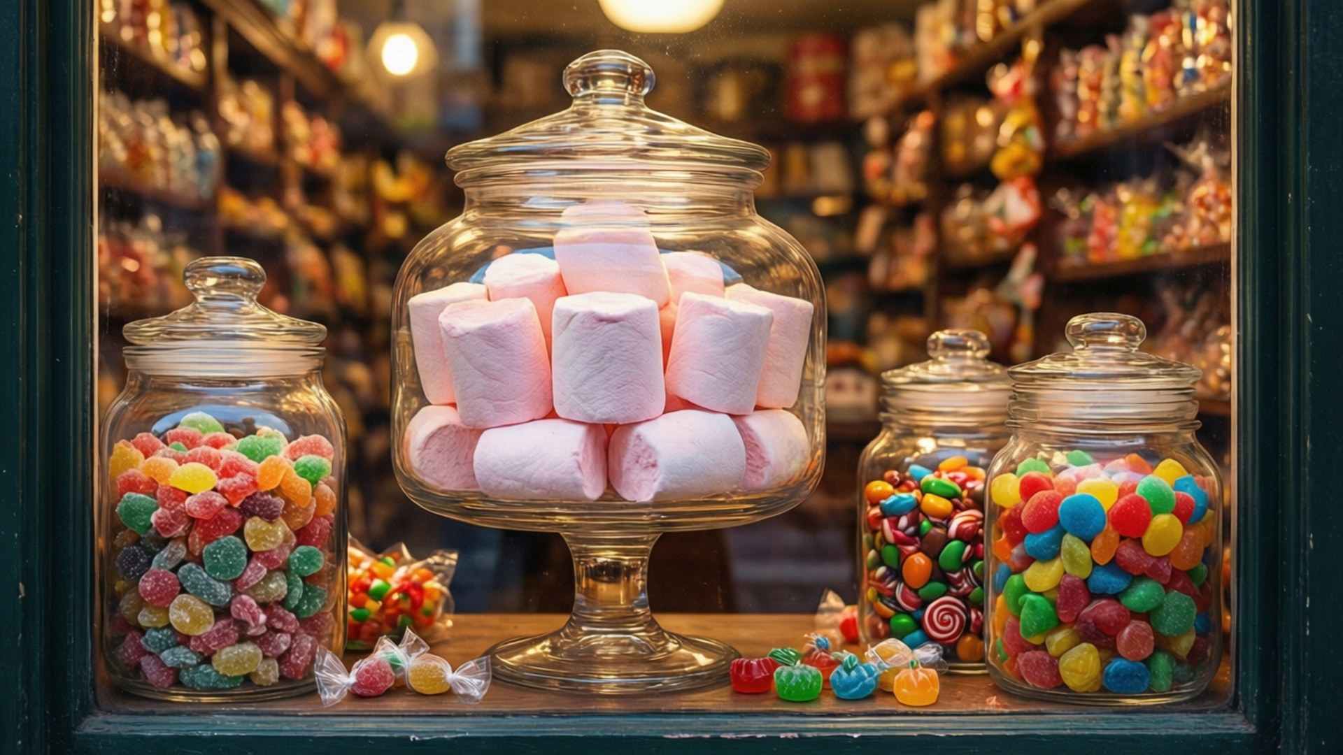 Marshmallow 桌布 壁紙 — 一間充滿活力的糖果店櫥窗，在溫暖的燈光下展示著裝滿彩色軟糖和粉紅色棉花糖的玻璃罐。