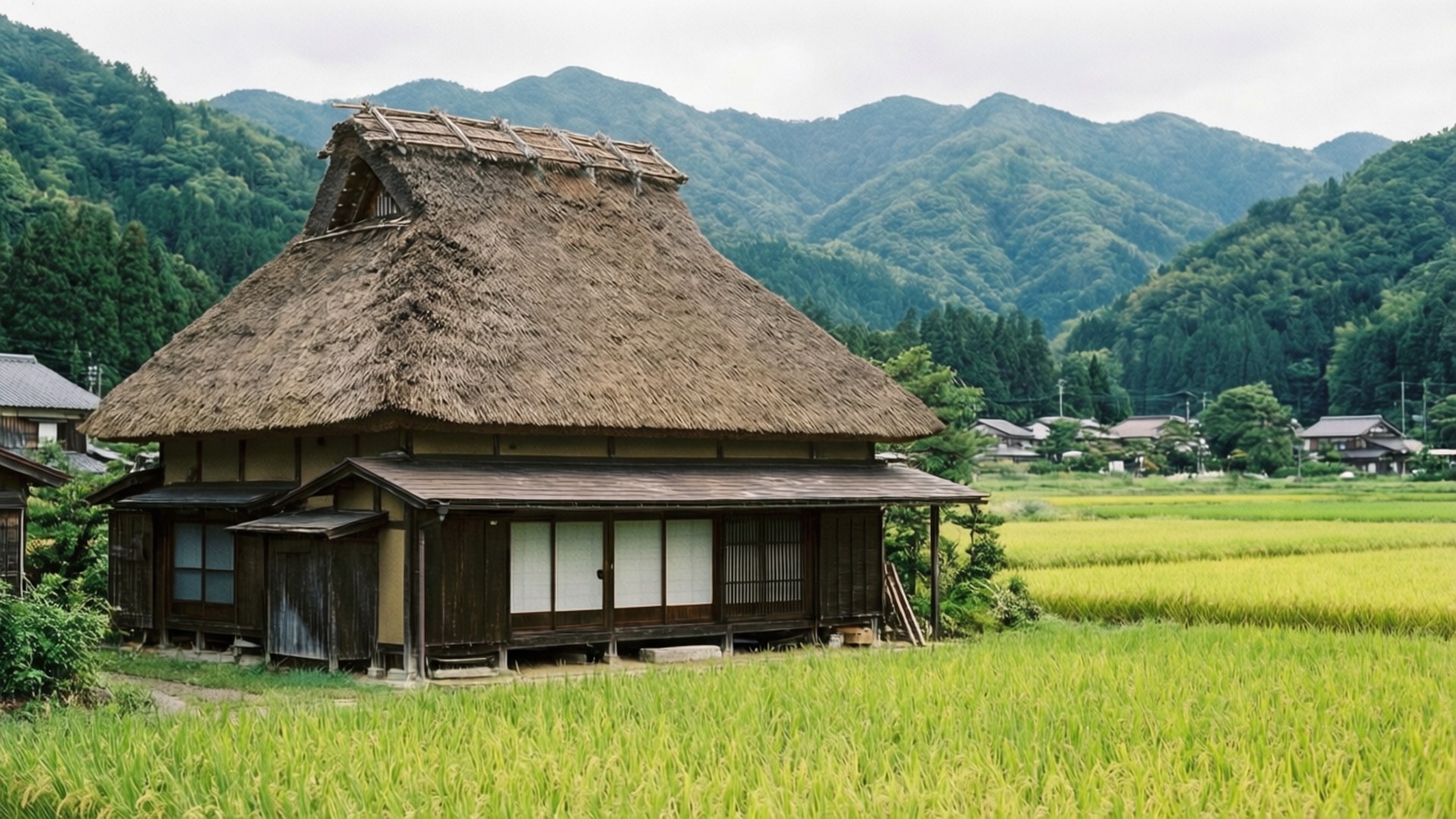 Osaka Countryside Farm 壁紙 — 一間傳統的茅草屋頂日本農舍矗立在金色的稻田旁，背景是森林覆蓋的山脈。