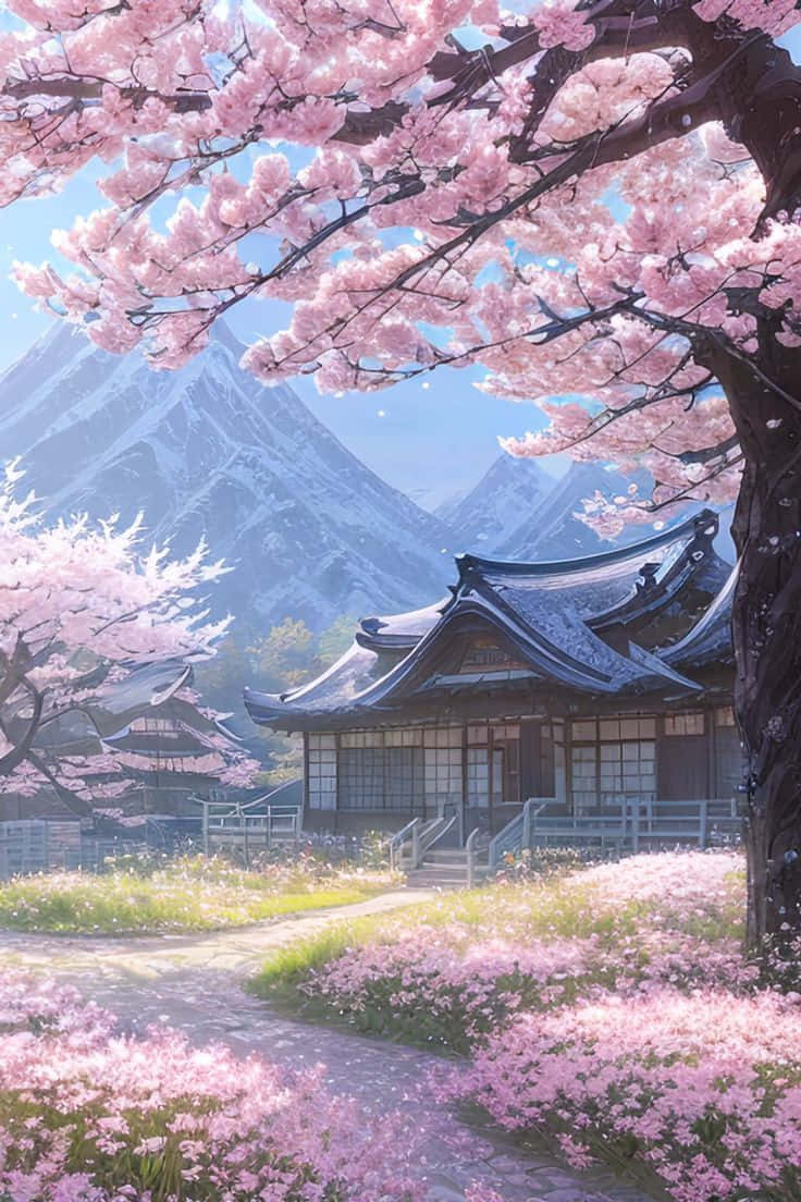  壁紙 — 一間傳統日本房屋坐落於盛開的粉紅色櫻花下，背景是白雪覆蓋的山脈。
