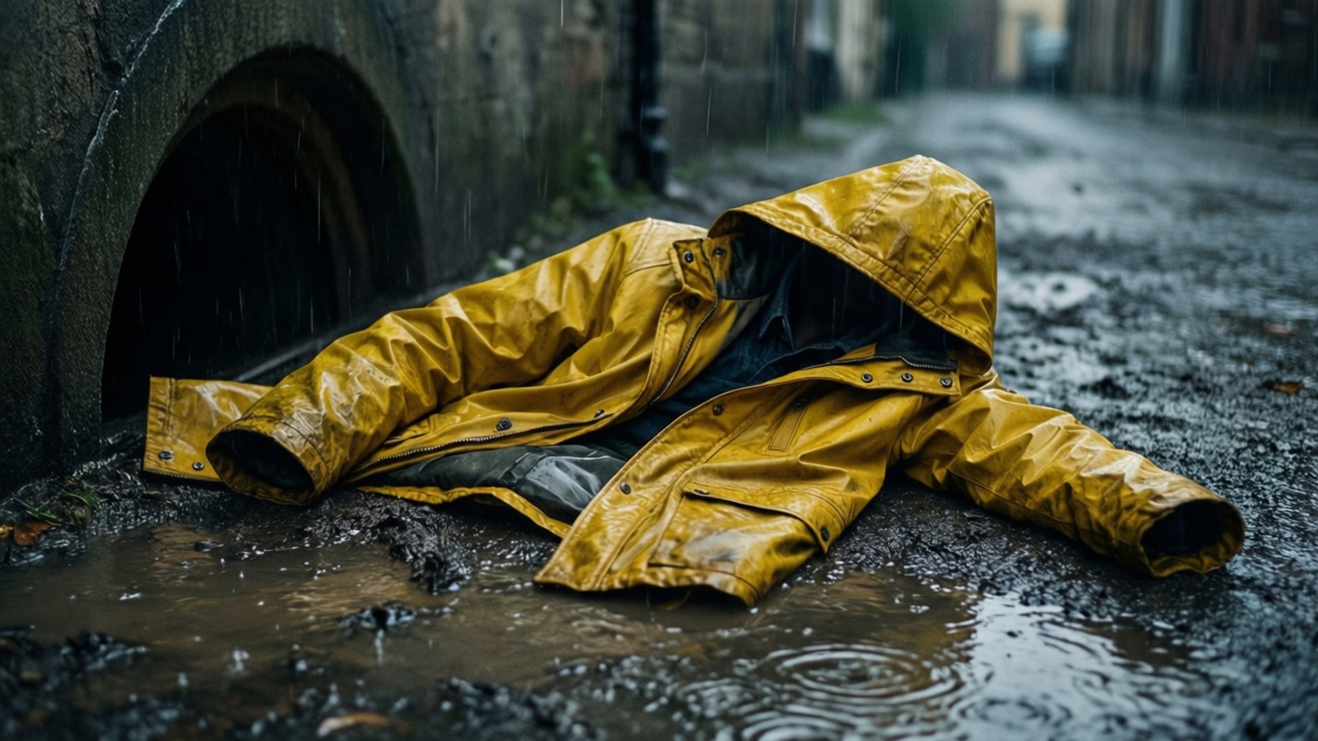 Empty Raincoat 壁紙 — 一件亮黃色雨衣被遺棄在泥濘的水坑中，雨在昏暗的小巷中落下。