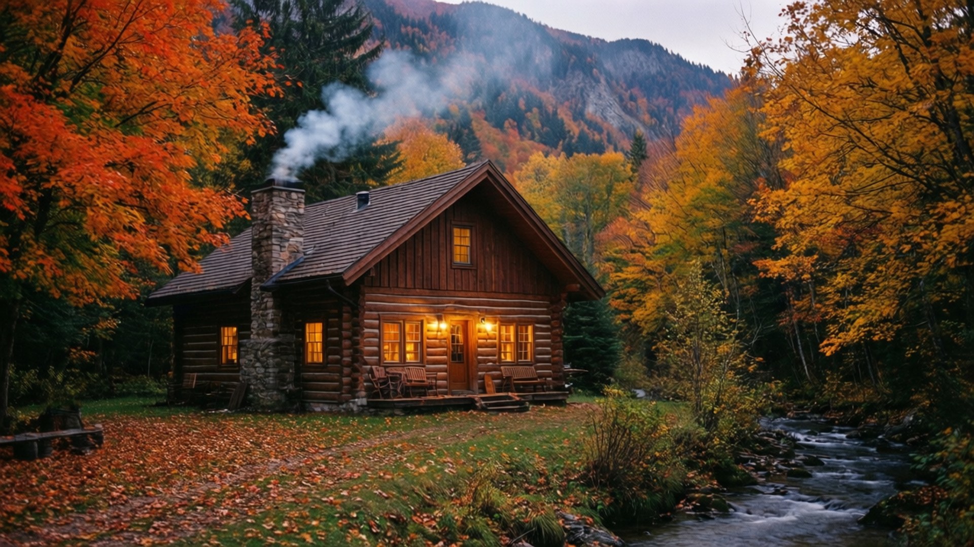 Cozy Autumn Cabin Evening 壁紙 — 一間舒適的木屋，溫暖的燈光和煙囪冒出的煙霧，坐落在色彩繽紛的秋樹之間，旁邊是一條流淌的小溪。