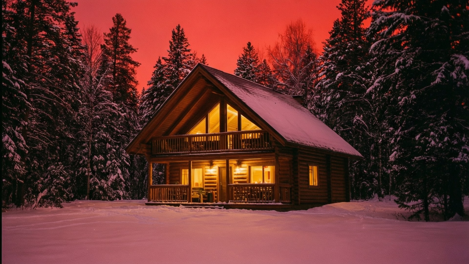Cozy Cabin in Snow 壁紙 — 一間舒適的木屋，屋頂和門廊覆蓋著白雪，在火紅的暮色天空下溫暖地發光，周圍是積雪的松樹。