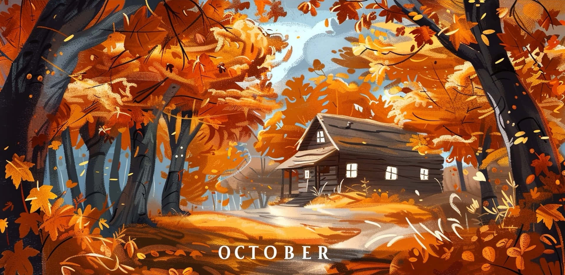 October Desktop 桌布 壁紙 — 一間舒適的木屋坐落在充滿活力的秋日森林中，橙色落葉飄飄，窗戶透出溫暖的光芒。