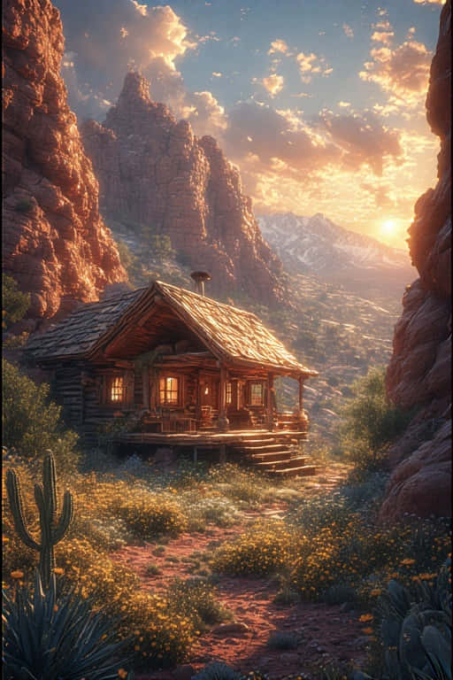 沙漠峽谷中的舒適木屋，金色夕陽，窗戶透出溫暖燈光 — 4K 壁紙