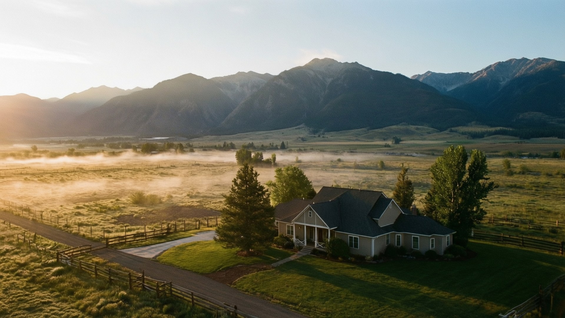 Dutton Ranch Aerial 壁紙 — 一間舒適的農舍坐落在日出時分的霧谷中，背景是雄偉的山脈。