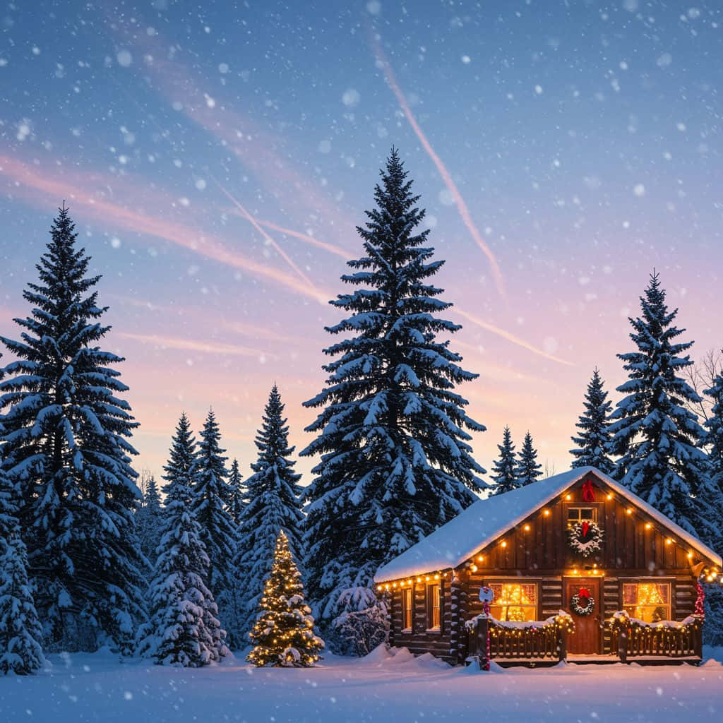  壁紙 — 一間舒適的雪覆蓋木屋，溫暖的燈光在高聳的松樹間閃耀，背景是飄雪的暮色天空。