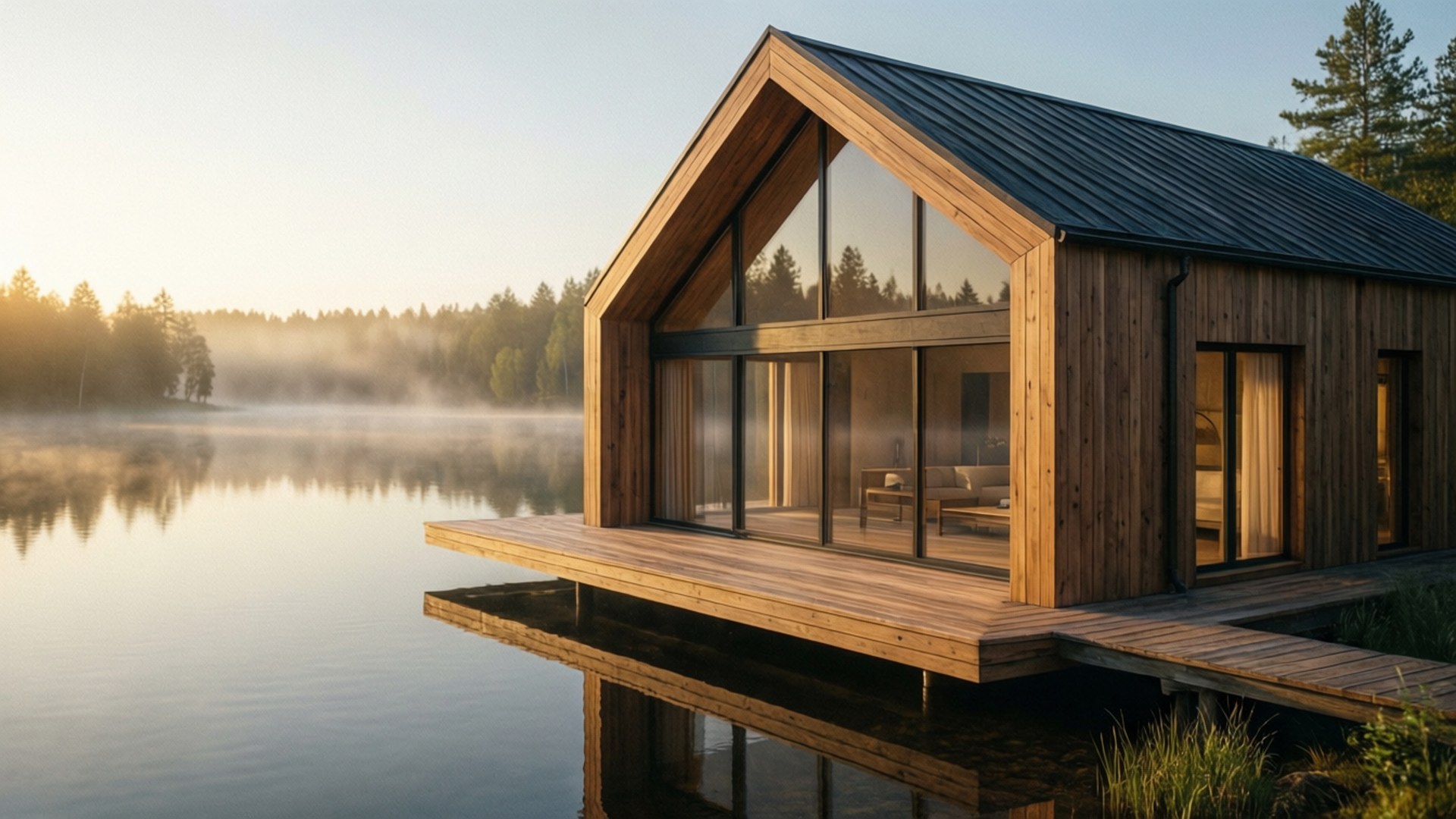 Lakefront Modern Wood House 壁紙 — 一間現代木屋，配有大型玻璃窗，坐落在寧靜的湖上，日出時分，水面升起薄霧，背景有樹木。