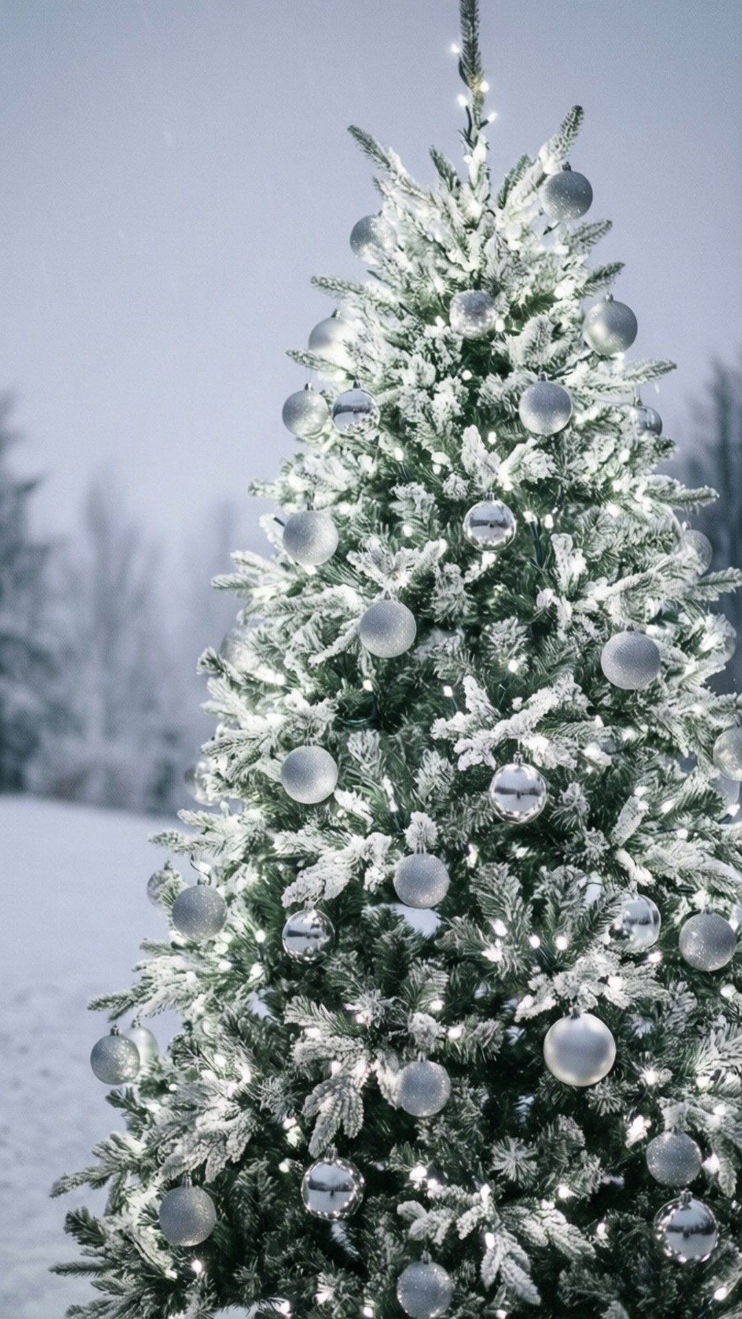 Elegant Silver Tree 壁紙 — 一棵被雪覆蓋的聖誕樹，裝飾著銀色飾品和閃爍的燈光，在蒼白的冬日天空下高高聳立。