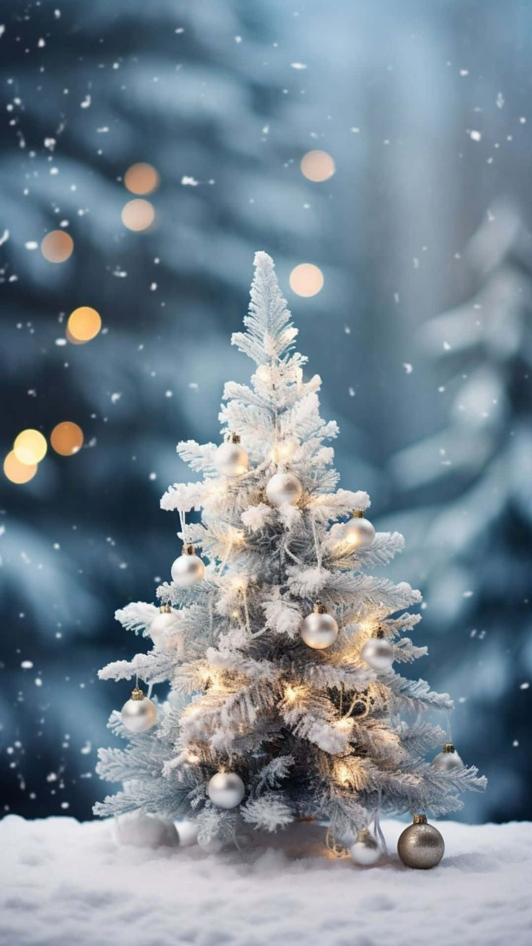  壁紙 — 一棵被雪覆蓋的聖誕樹，裝飾著銀色飾物和溫暖的燈光，矗立在雪地森林中，背景有散景燈光。