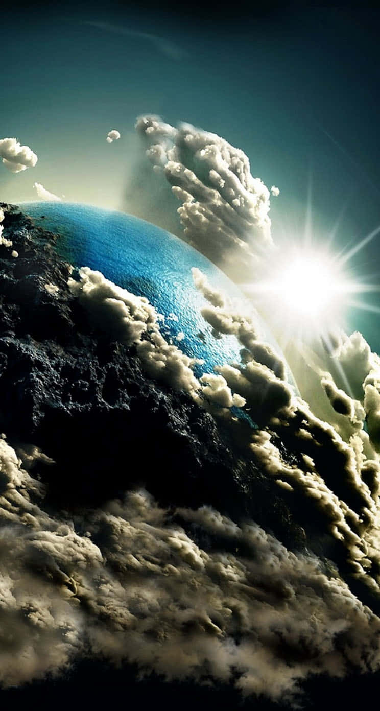  壁紙 — 一顆充滿活力的藍色星球，帶有旋轉的雲層，沐浴在來自發光恆星的燦爛陽光中。