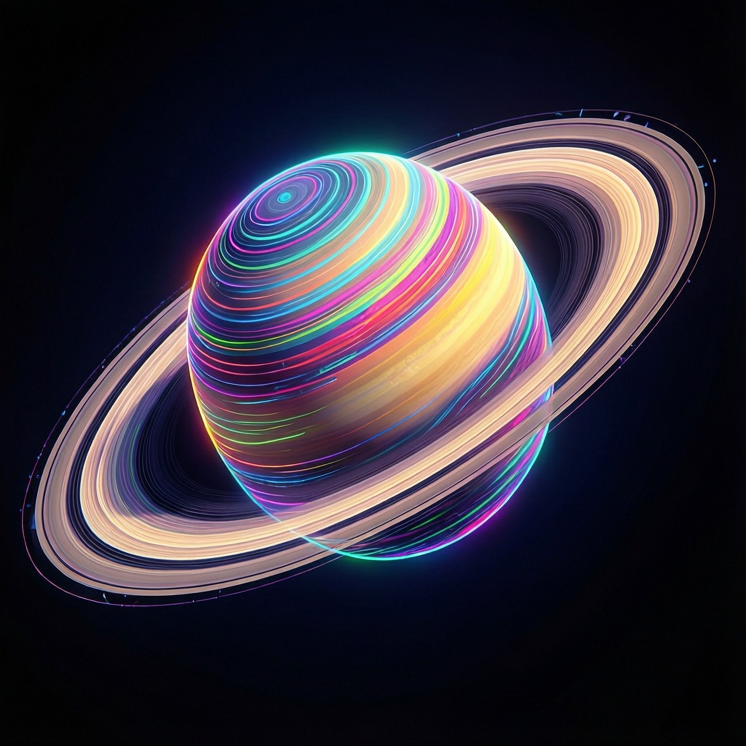 Neon Geometric Saturn 壁紙 — 一顆充滿活力的霓虹星球，帶有旋轉的彩虹帶和發光的光環，映襯著黑暗的宇宙虛空。