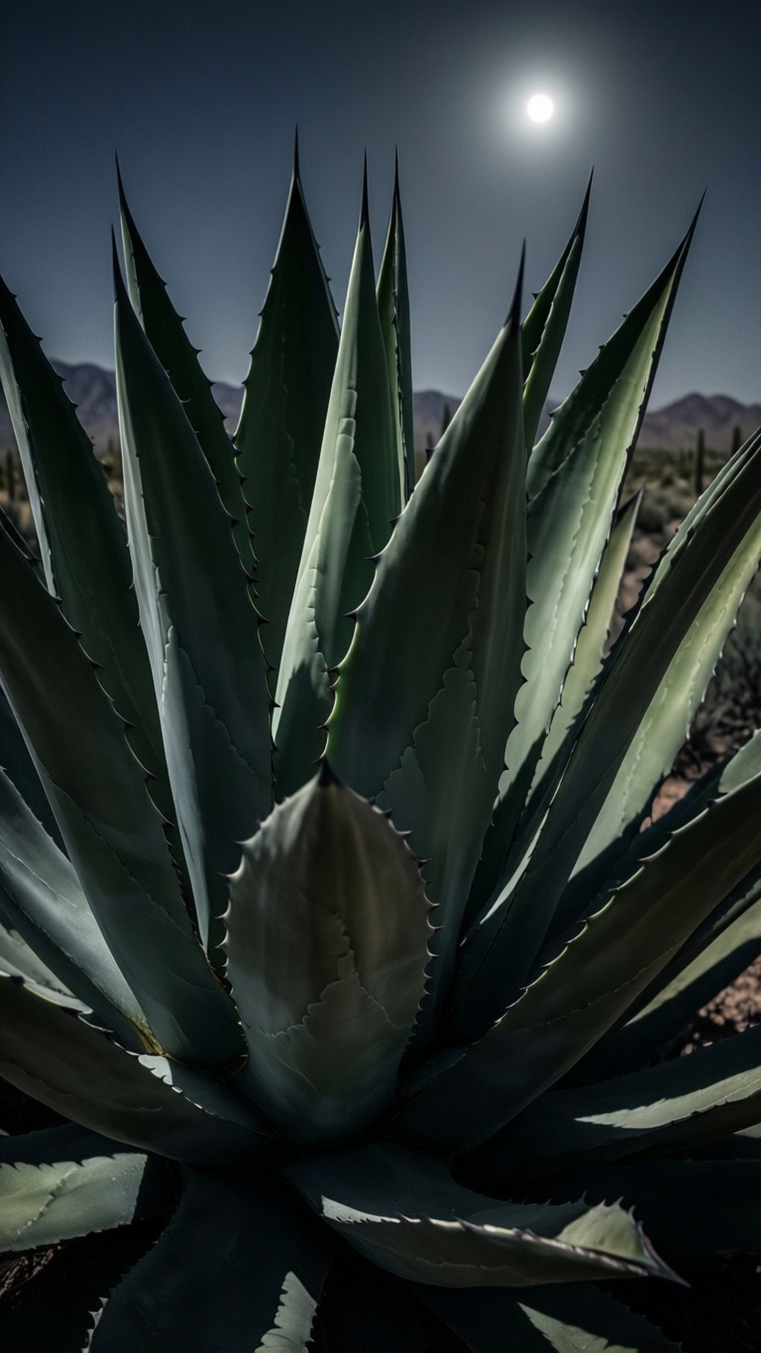 Moonlit Agave 壁紙 — 一棵大型多刺的龍舌蘭植物在黑暗的天空下呈現剪影，天空中有明亮的滿月，遠處有山脈。