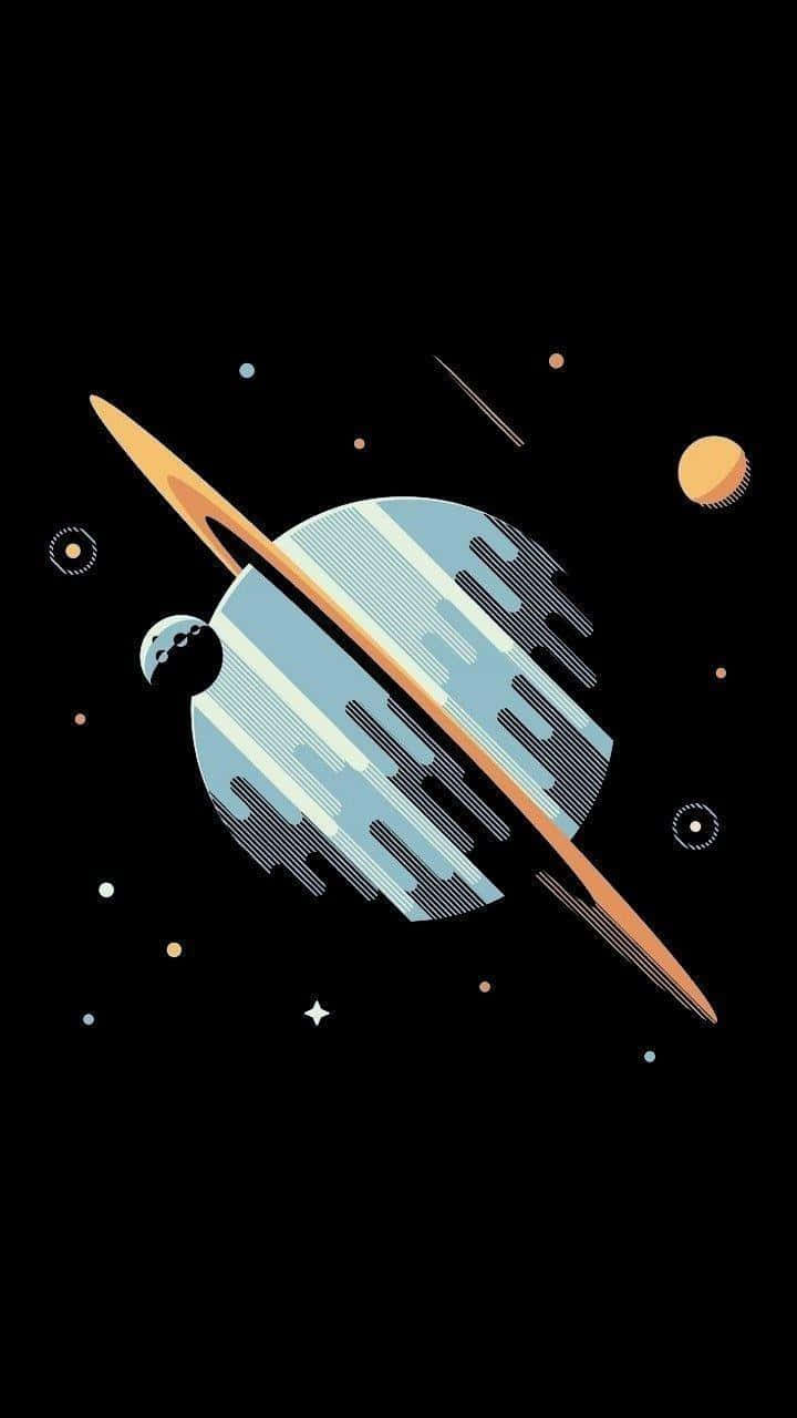  壁紙 — 一顆帶有光環和衛星的風格化行星在深空中環繞著星星和遙遠天體運行。