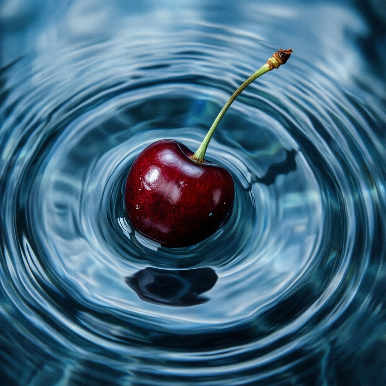 Cherry in Water 壁紙 — 一顆帶有綠色莖的亮紅色櫻桃漂浮在深藍色水中，形成同心漣漪。