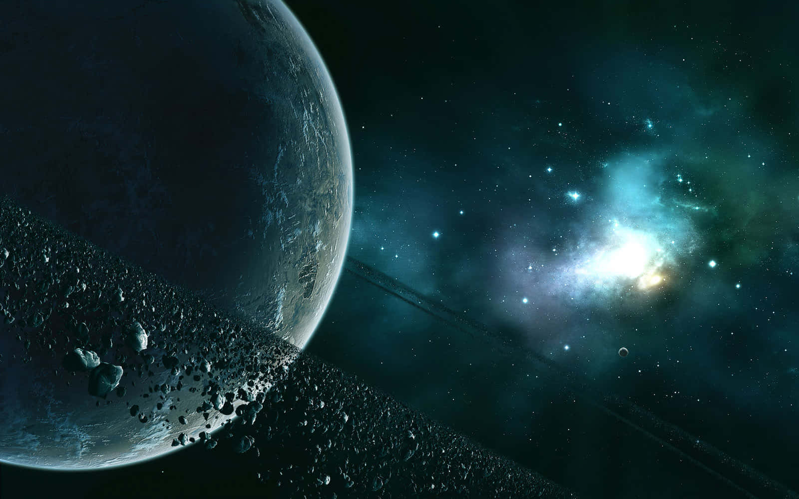  壁紙 — 一顆帶有小行星環的黑暗行星在深空中，在一團充滿活力的藍色星雲旁邊發光。