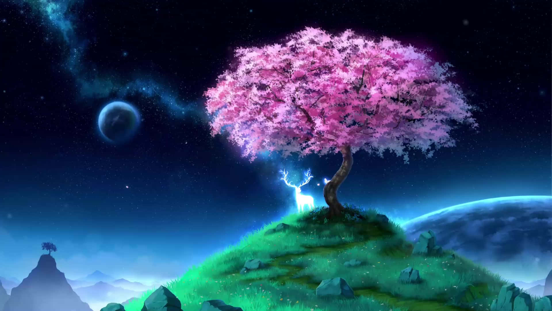  壁紙 — 一棵發光的粉紅色櫻花樹矗立在綠色山丘上，下方是星空宇宙天空，有行星和一隻發光的鹿。