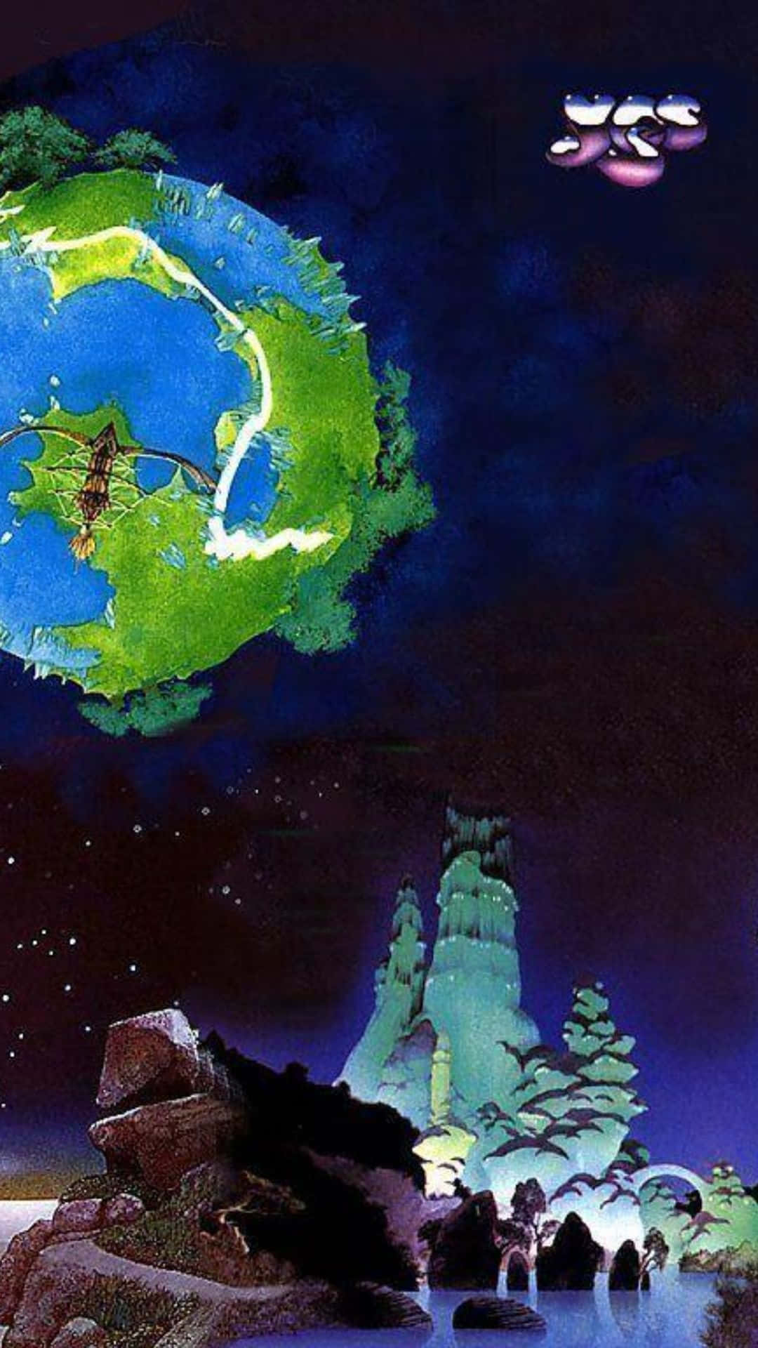 一顆漂浮的行星，帶有發光路徑，在星空夜景之上，有外星樹木和不明飛行物體。 — 3D 壁紙
