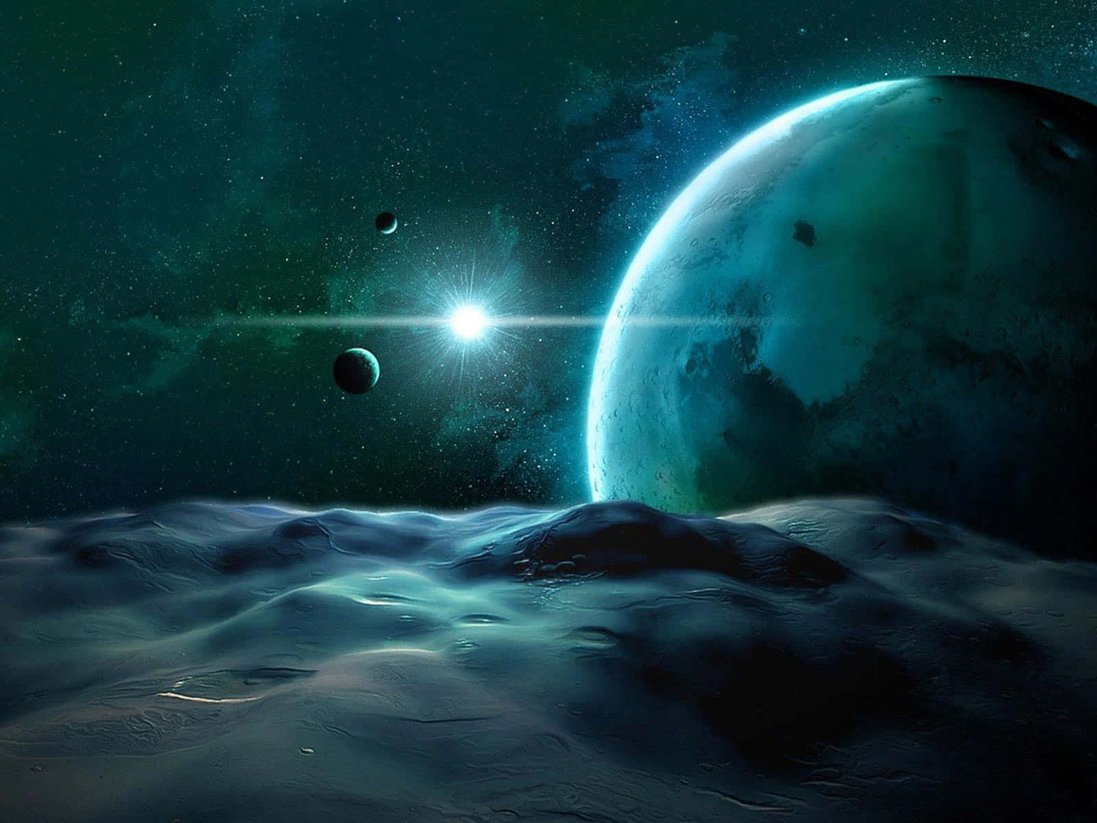 壁紙 — 一顆發光的星星照亮了廣闊的外星景觀，一顆巨大的青綠色行星在繁星點點的宇宙天空中若隱若現。