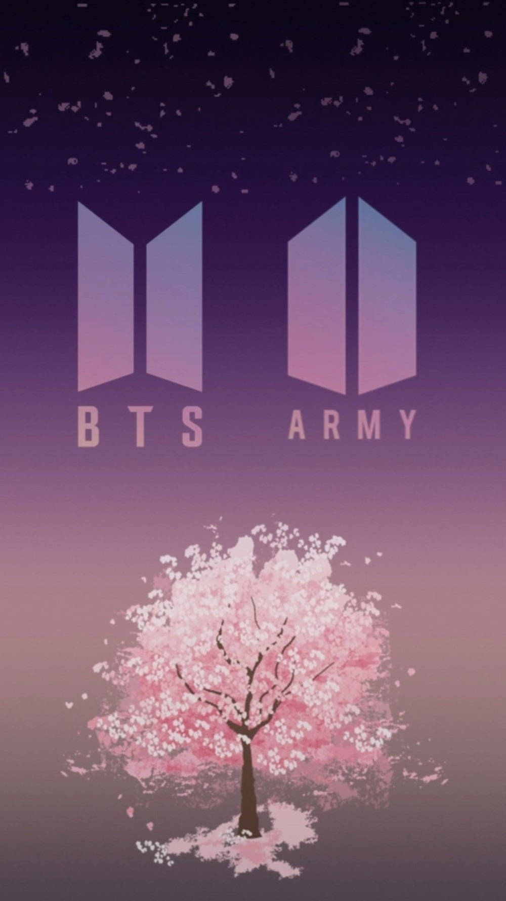 紫色天空下的櫻花樹，上方有BTS Army標誌 — Bts 壁紙